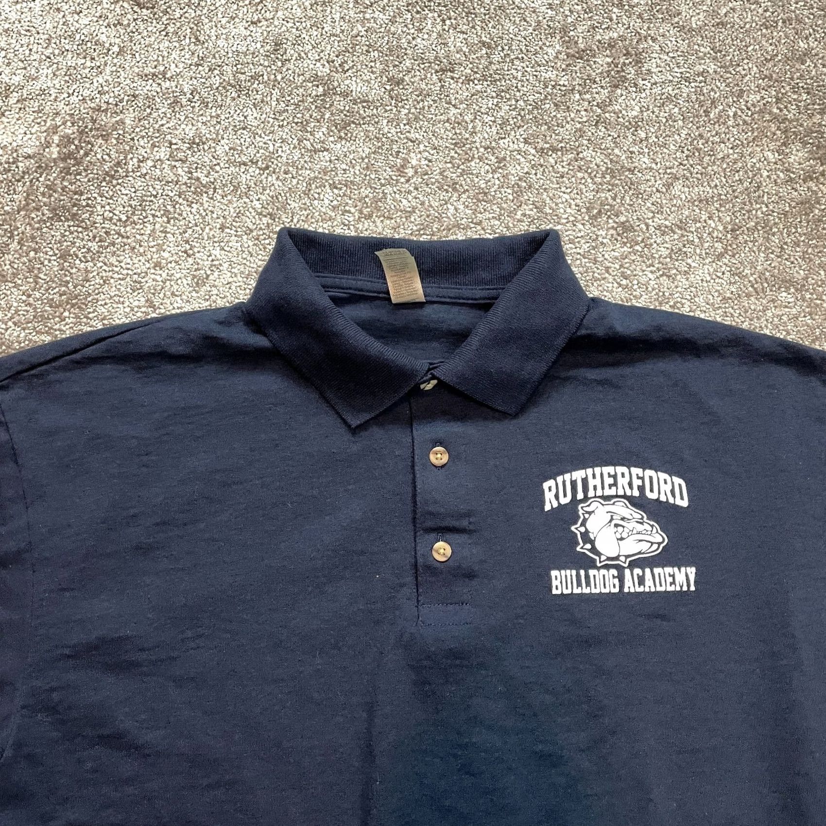 Gildan VINTAGE Gildan Dry Blend Polo Shirt Mens L Navy Blue Rutherford Bulldog Academy Logo Shirt Size US L / EU 52-54 / 3 - 2 Thumbnail