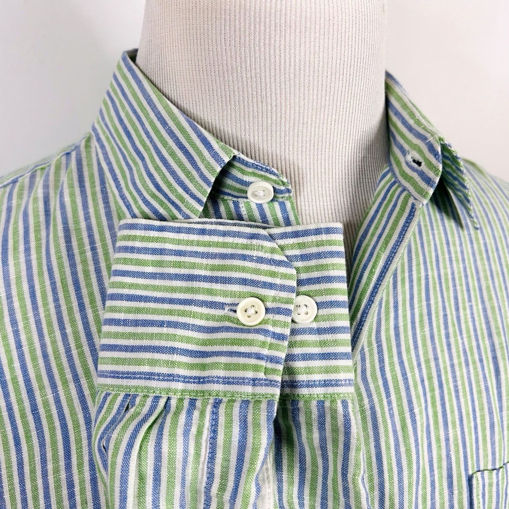 Izod IZOD Shirt Green Blue Striped Long Sleeve Button Front Medium Island Linen Blend Mens Size US M / EU 48-50 / 2 - 4 Thumbnail