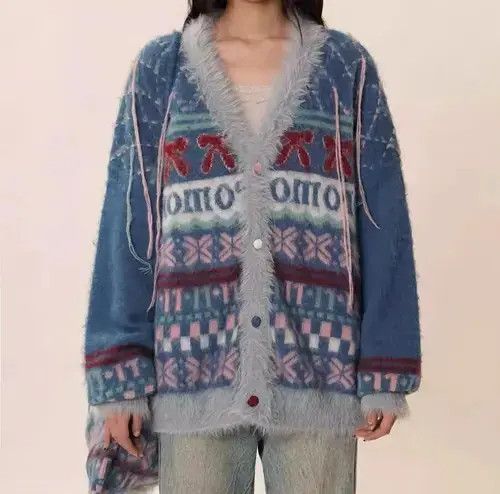 Japanese Brand × Vintage Vintage bow jacquard knitted cardigan sweater Size M / US 6-8 / IT 42-44 - 1 Thumbnail