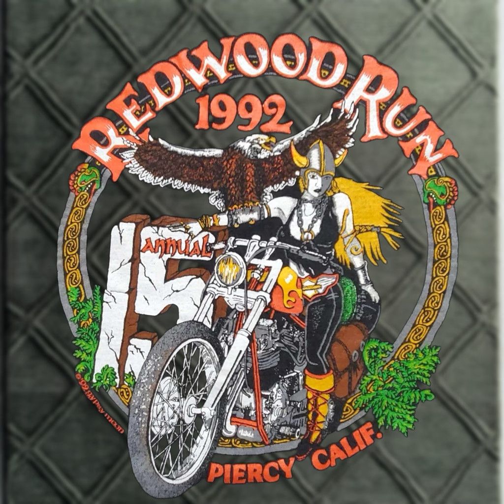 VINTAGE Biker T Shirt California 90s Oneita L Black Short Sleeve Men 15th Annual Redwood Run Stitch Made in United States