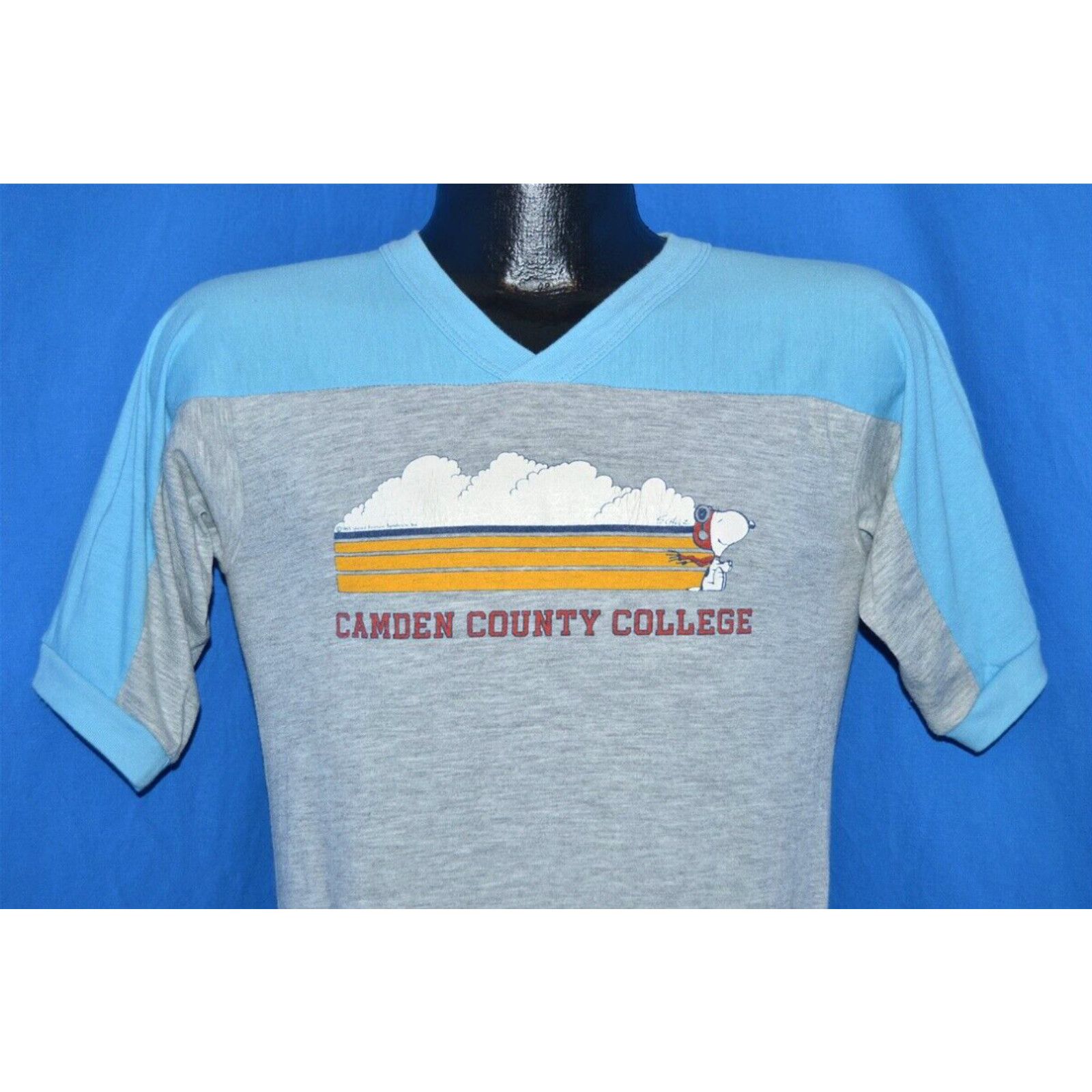 image of Vintage 80's Snoopy Camden County College Gray Blue Jersey Artex T-Shirt Small S in White, Men's