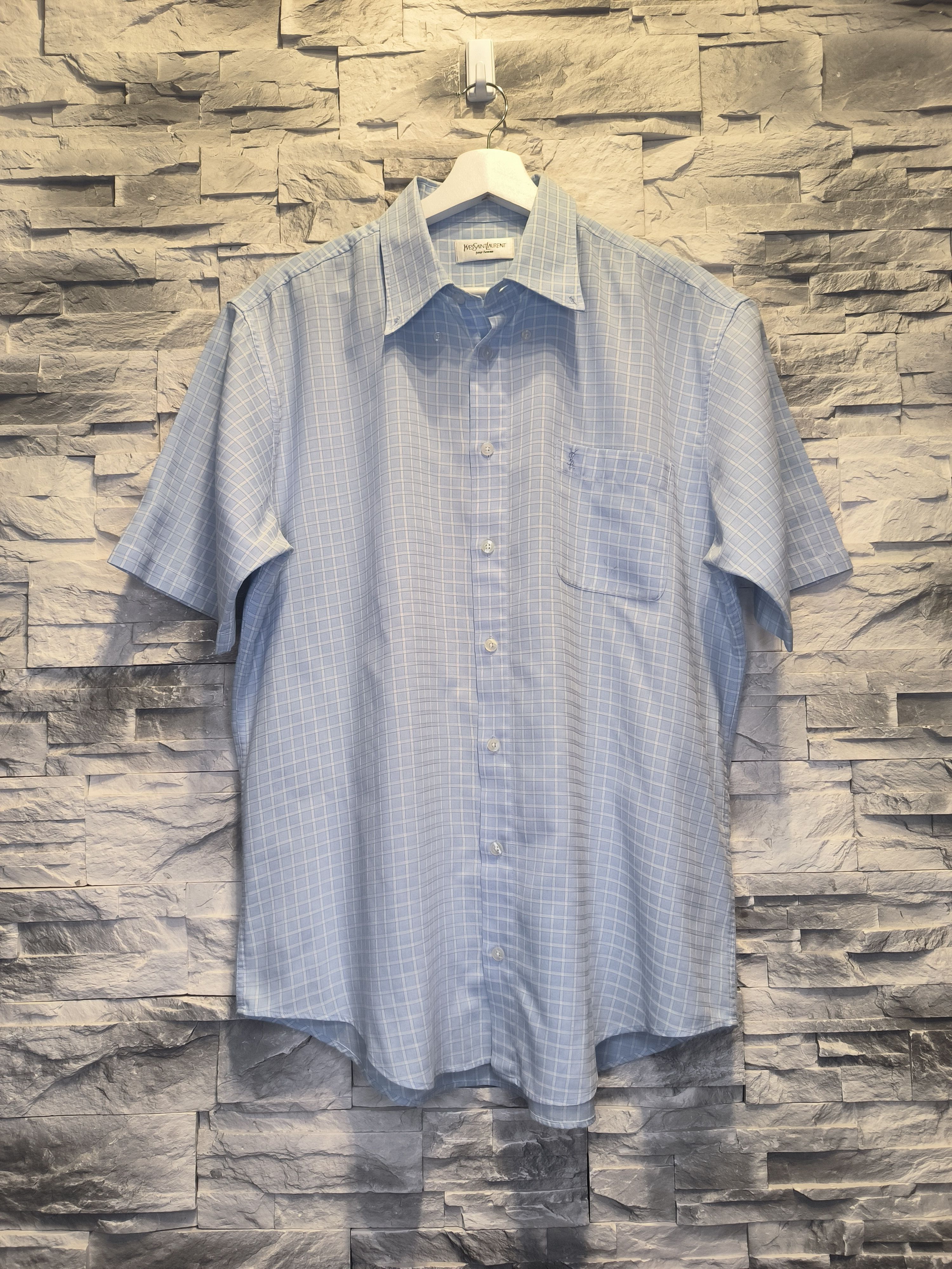Vintage × Yves Saint Laurent Vintage YSL Pour Homme Shirt Button-Up Baby Blue Logo Size US L / EU 52-54 / 3 - 1 Thumbnail