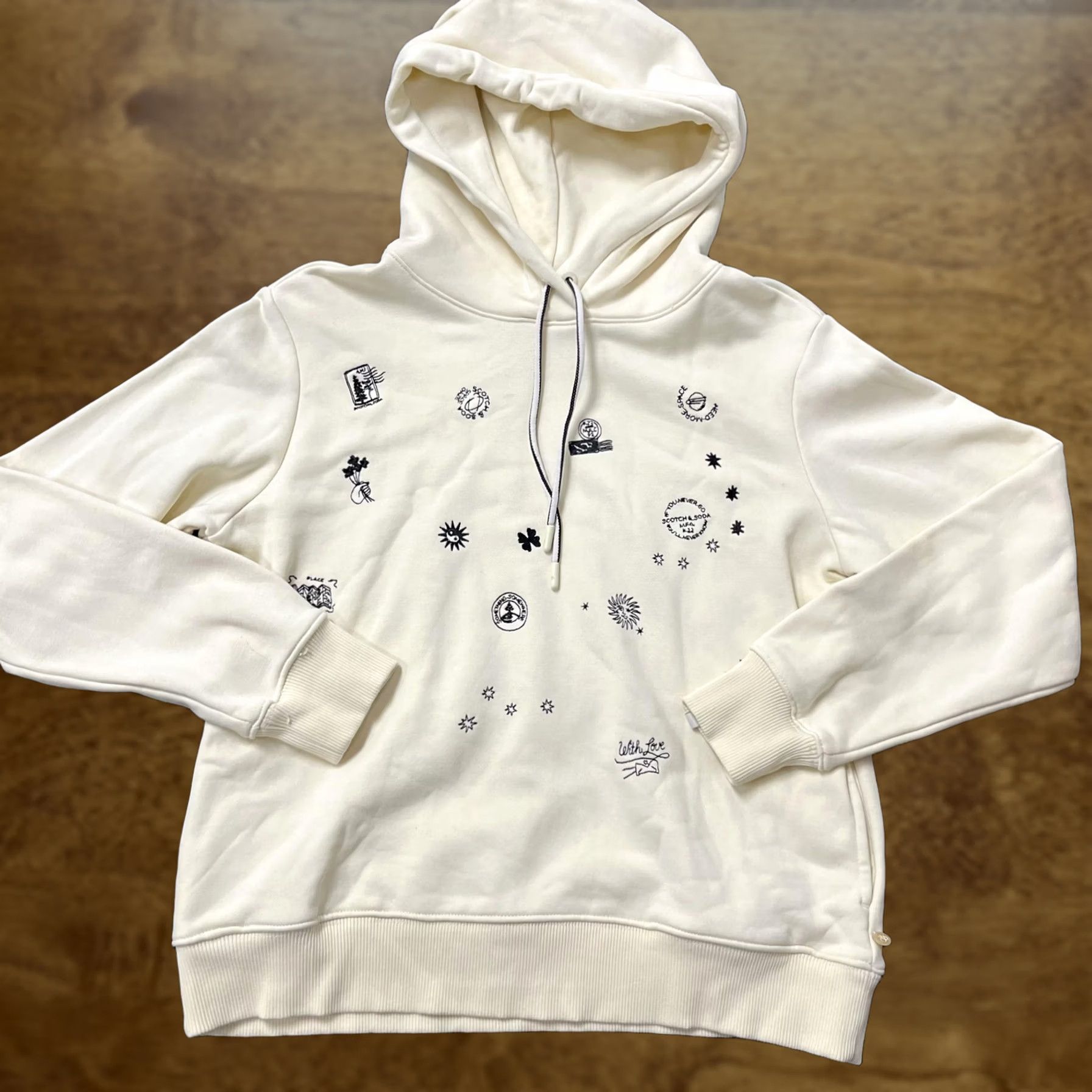 Moonstar Hoodie Mens Medium Cream Graphic Doodle Moon Star Pullover Sweatshirt Casual Size US M / EU 48-50 / 2 - 1 Thumbnail