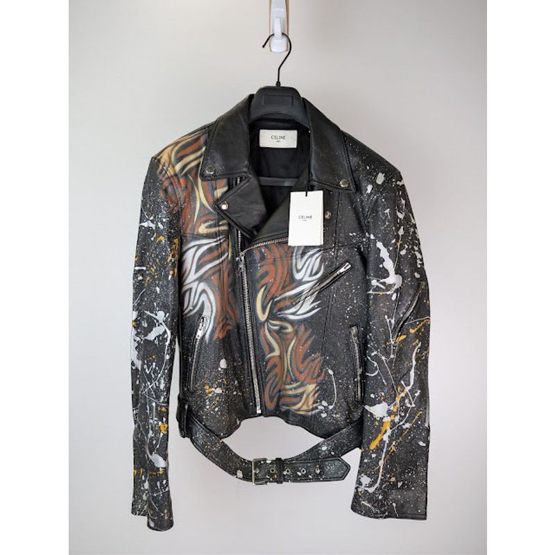 Celine o1rshd1 Hand Painted Biker Jacket in Black Size US L / EU 52-54 / 3 - 2 Thumbnail