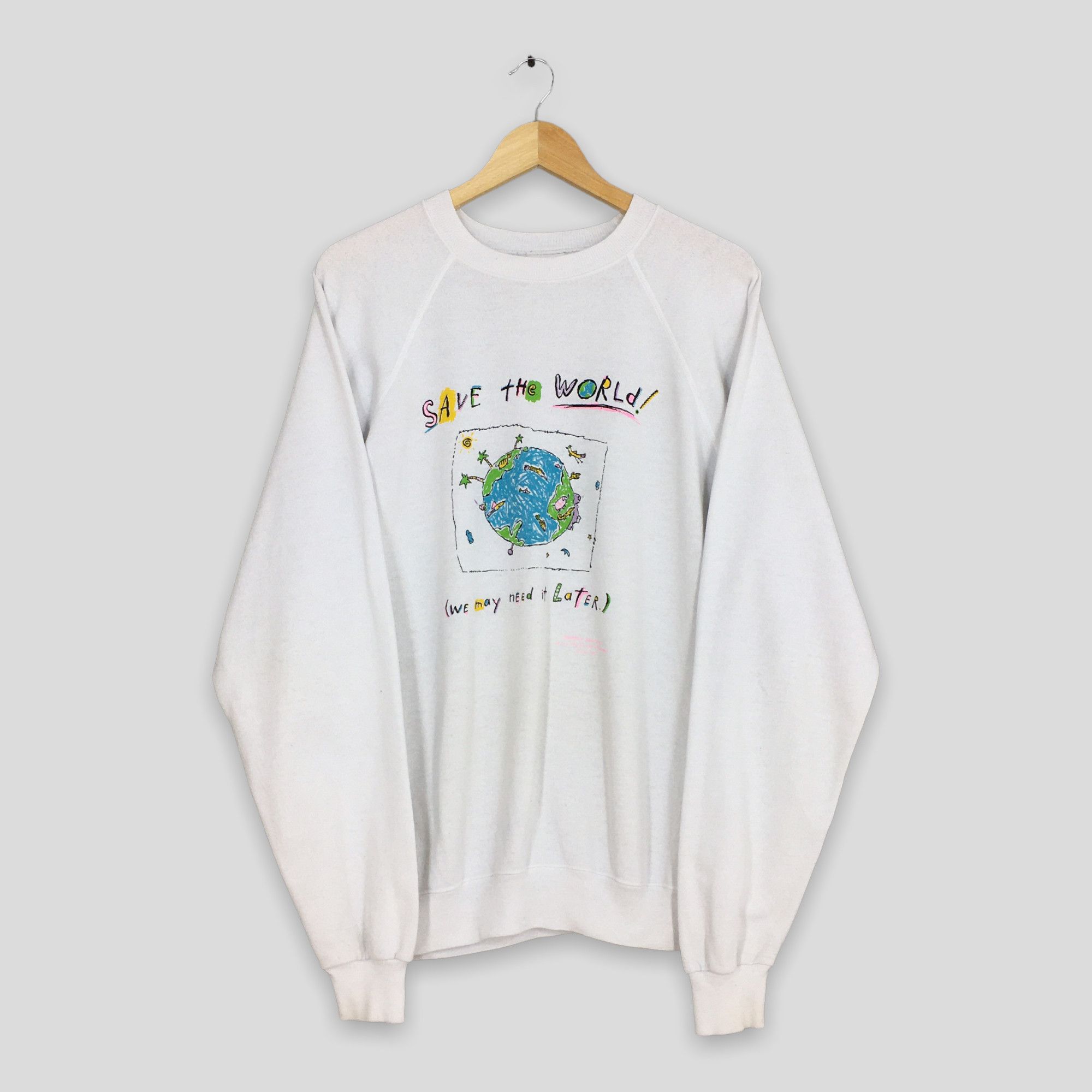 Hanes × Vintage Vintage 1990s Save The World White Sweatshirt XLarge Size US XL / EU 56 / 4 - 1 Thumbnail