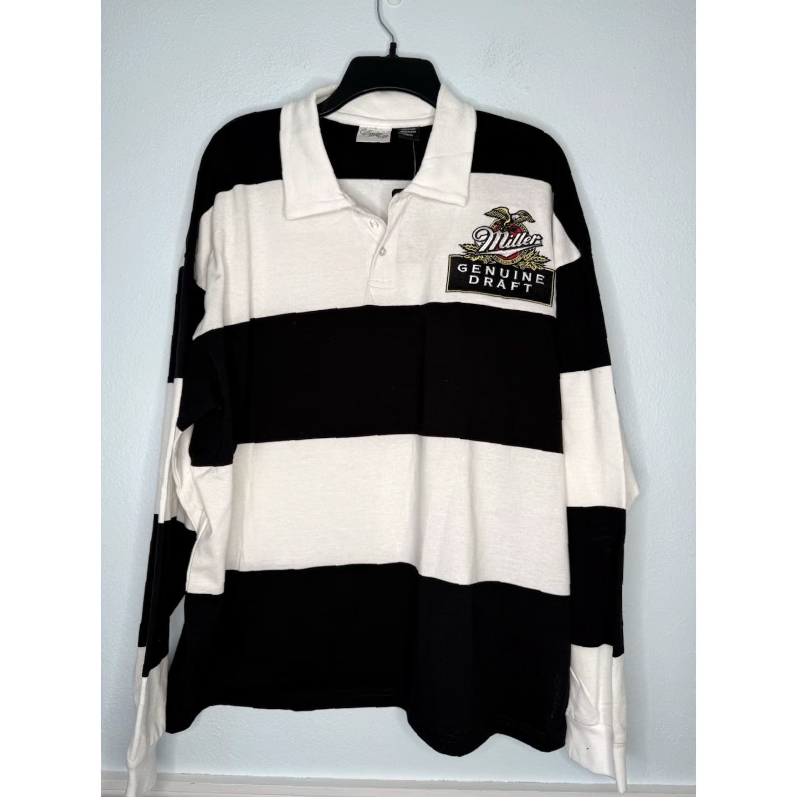 Vintage Miller Lite MGD Rugby Shirt Mens Large New NWT Pullover Black White Striped V-Neck Cotton Blend Embroidered Logo Sports Beer T-Shirt Size US L / EU 52-54 / 3 - 2 Thumbnail