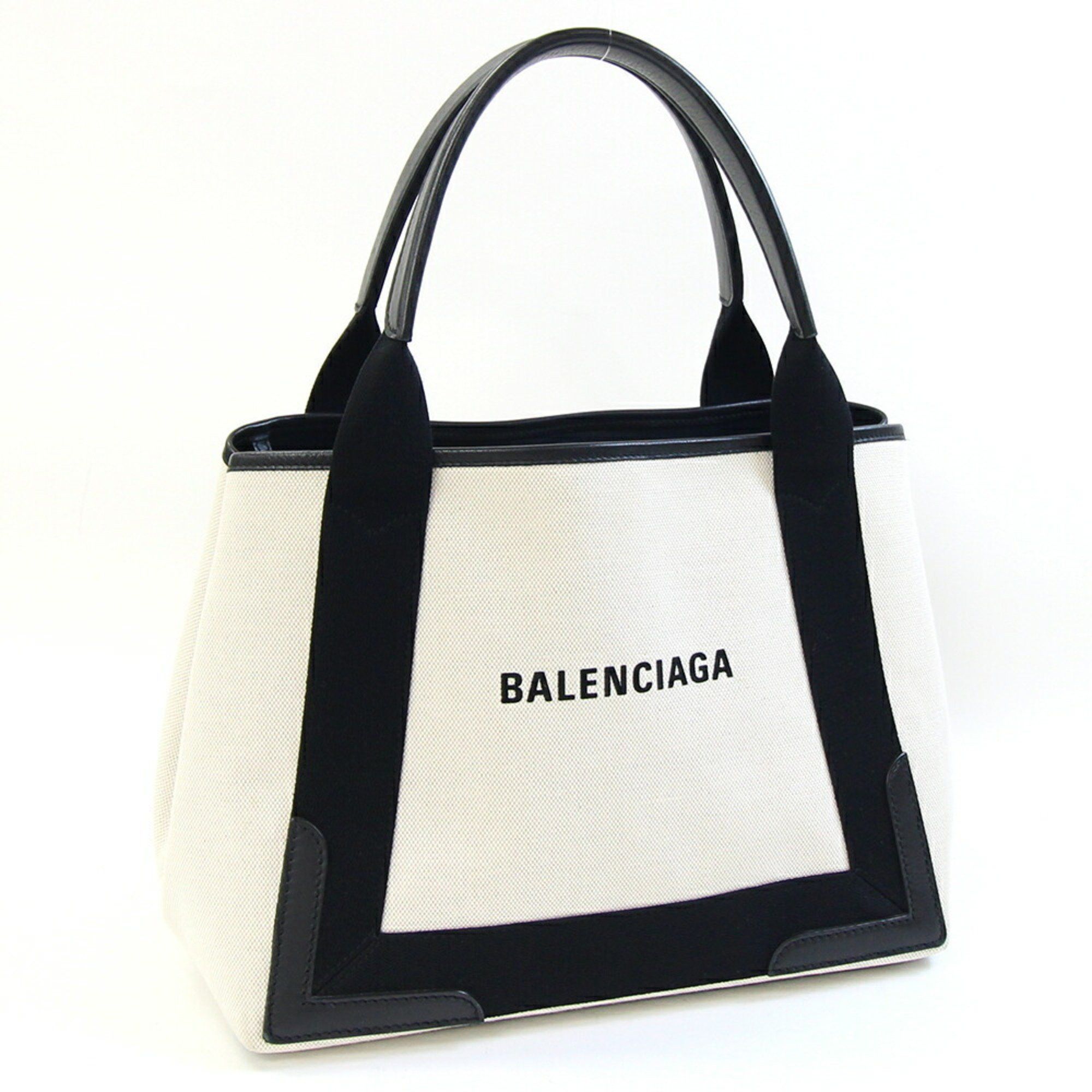 Balenciaga Tote Bag Navy Cabas Small 339933 Ivory Black Canvas Leather Handbag Women's Balenciaga