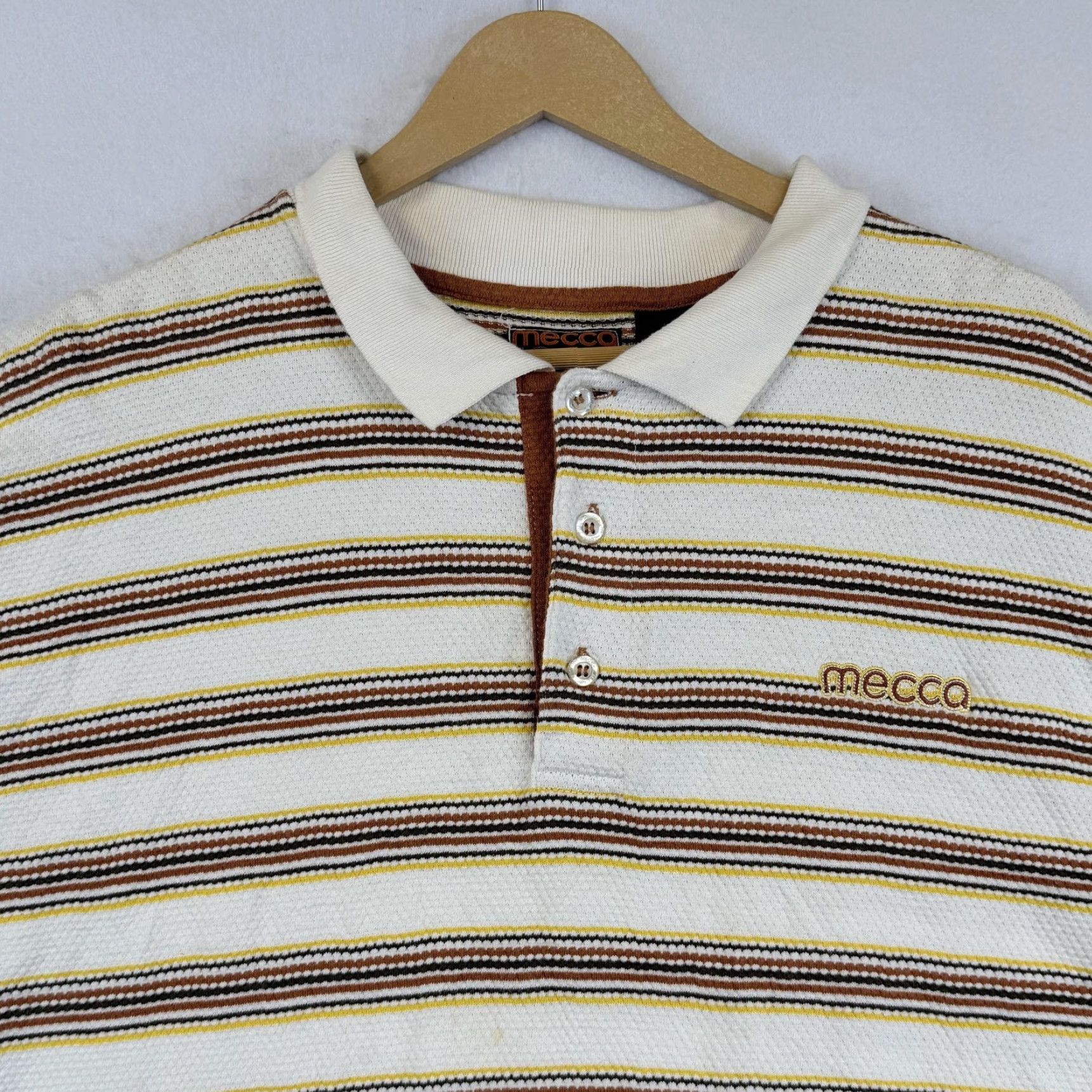 Vintage Mecca Polo Shirt Mens 2XL White Striped Pique Embroidered Logo Shirt Mens 2XL White Brown Yellow Polo Size US XXL / EU 58 / 5 - 2 Thumbnail