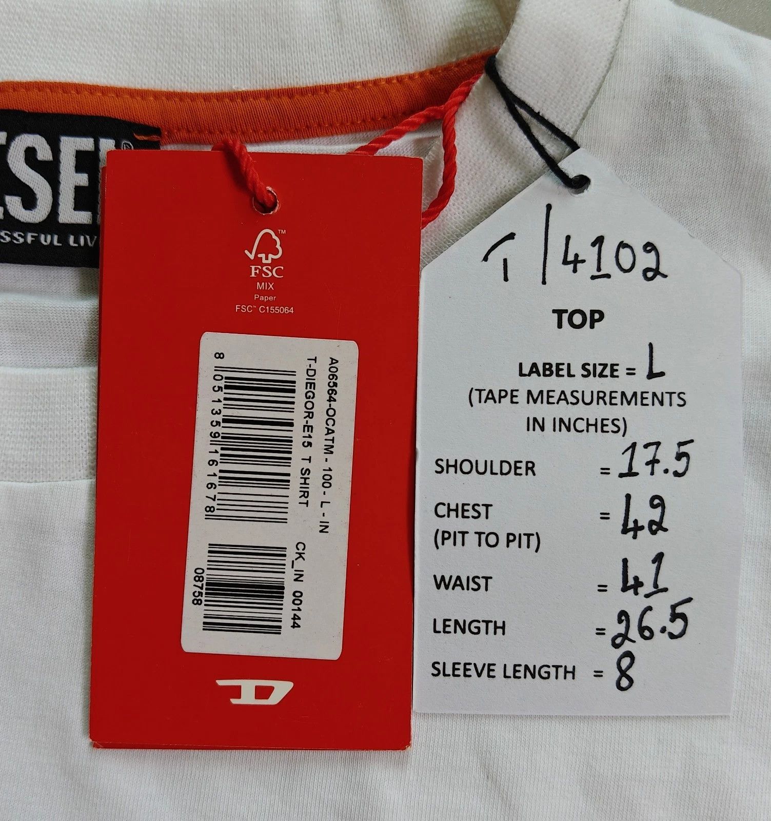 Diesel DIESEL White T-Shirt With Logo Patch FTP 4102 Size US L / EU 52-54 / 3 - 5 Thumbnail