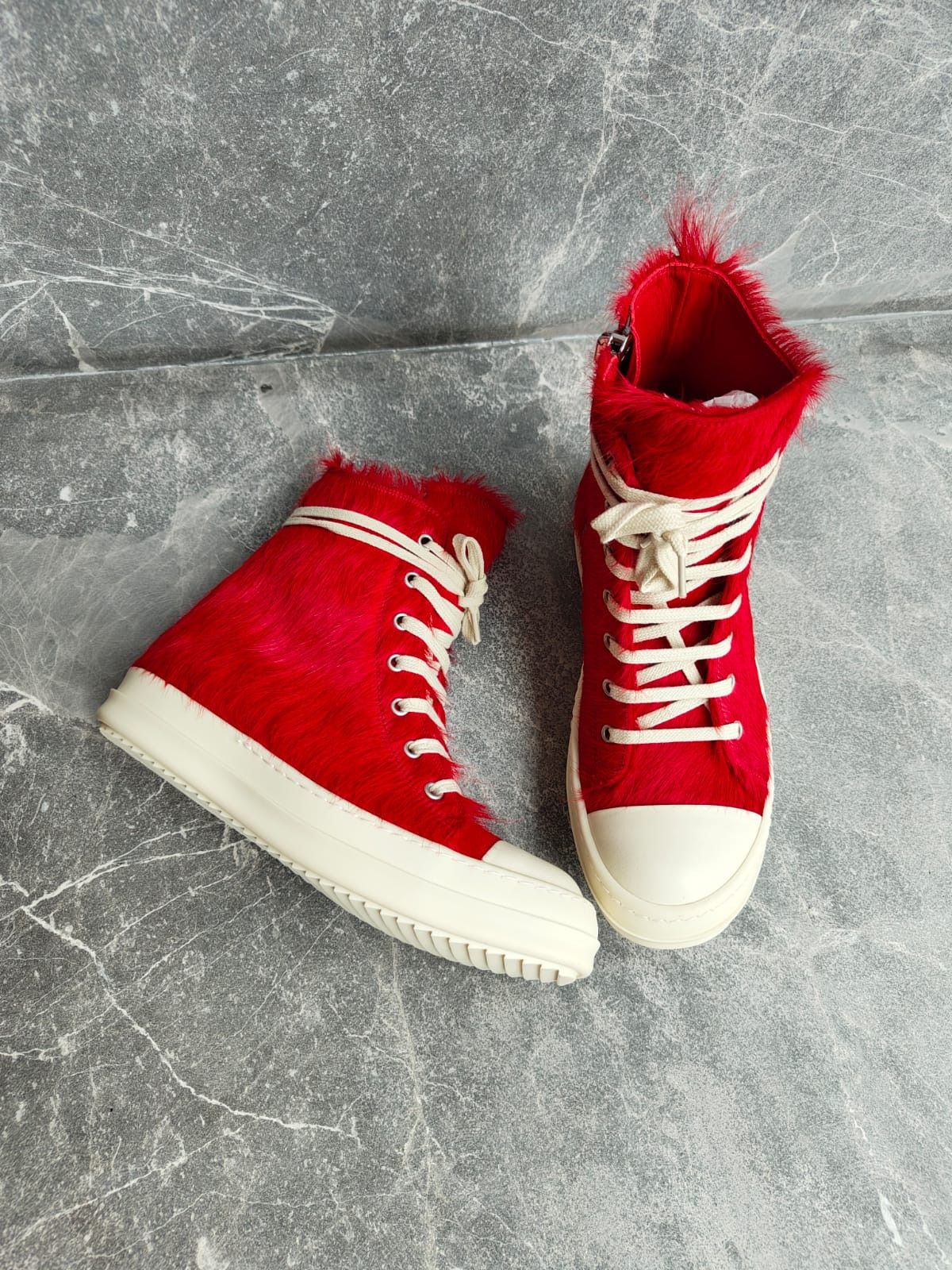 Rick Owens Womens Fur Shoes Sneakers Cardinal Red Milk