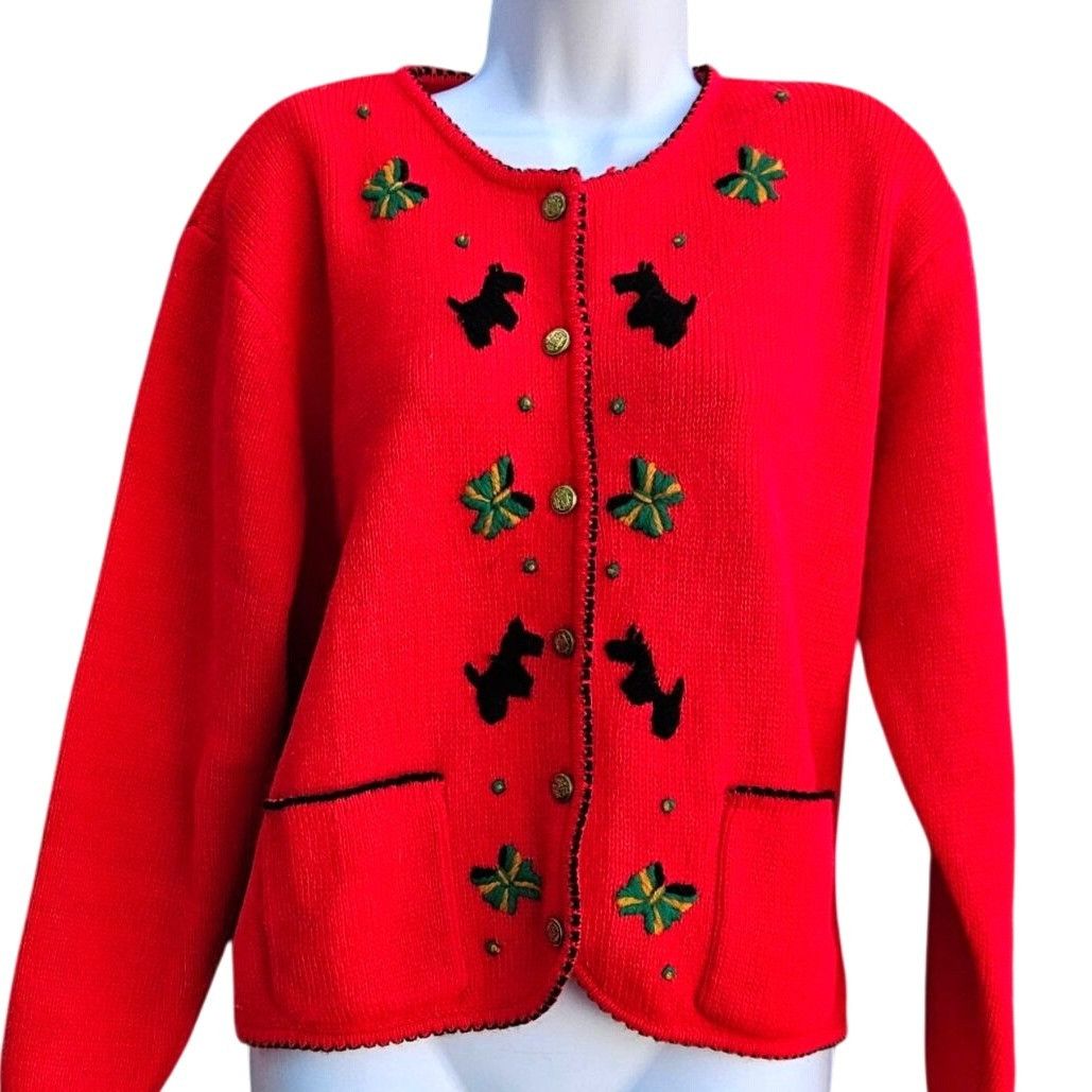 Vintage 80s Scottie Dog Cardigan Red Embroidered Knit Vintage Novelt Size M / US 6-8 / IT 42-44 - 11 Thumbnail