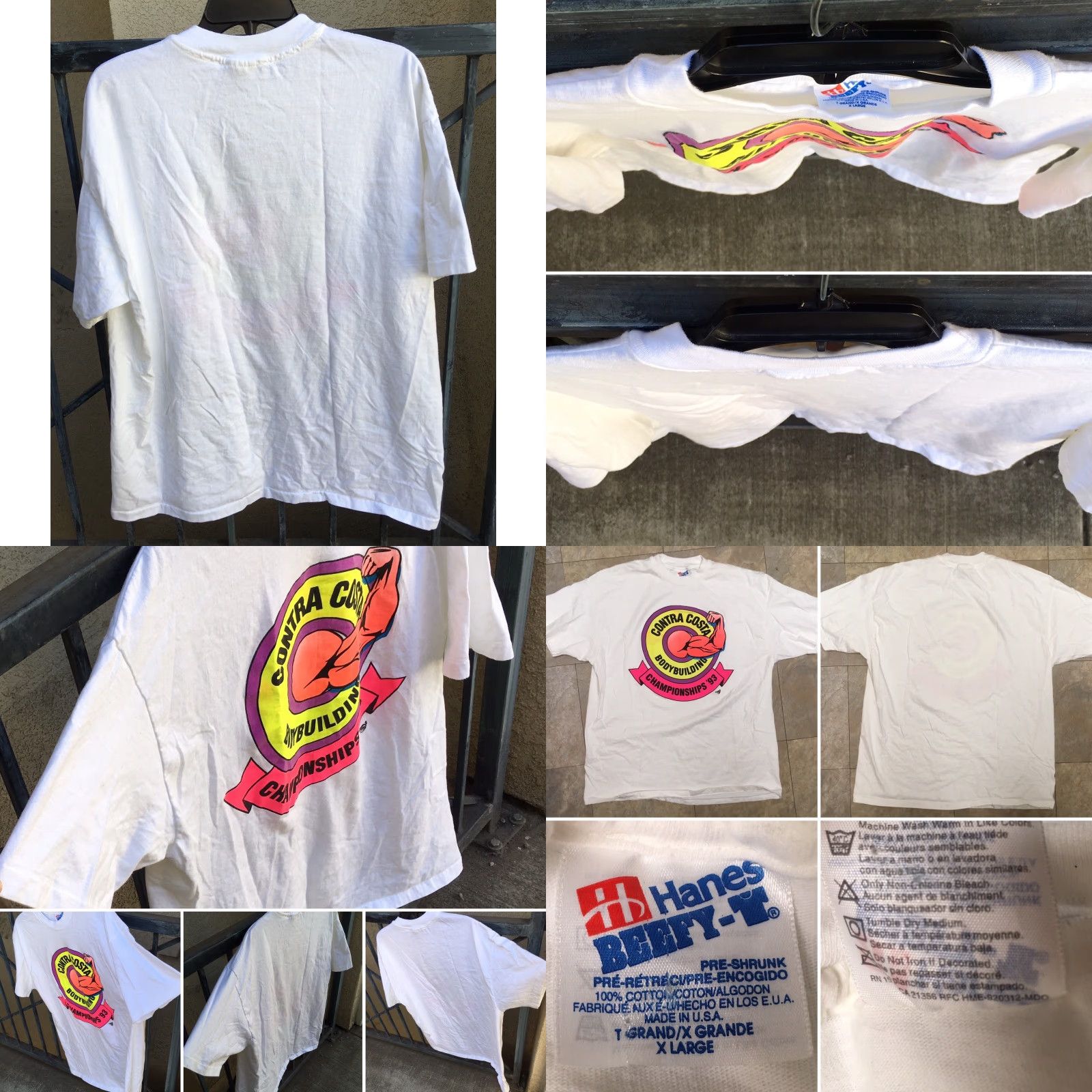 Vintage VINTAGE Hanes Beefy-T Contra Costa Bodybuilding Championships '93 T-Shirt 90s Neon Graphics XL White Mens Graphic Tee 1990s Size US XL / EU 56 / 4 - 8 Thumbnail