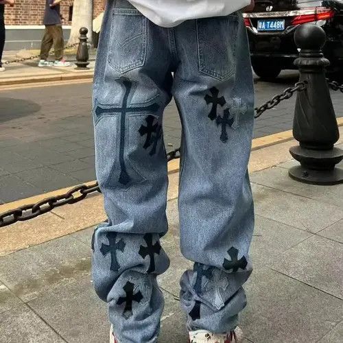 Japanese Brand Street style retro cross print straight jeans Size US 32 / EU 48 - 3 Thumbnail