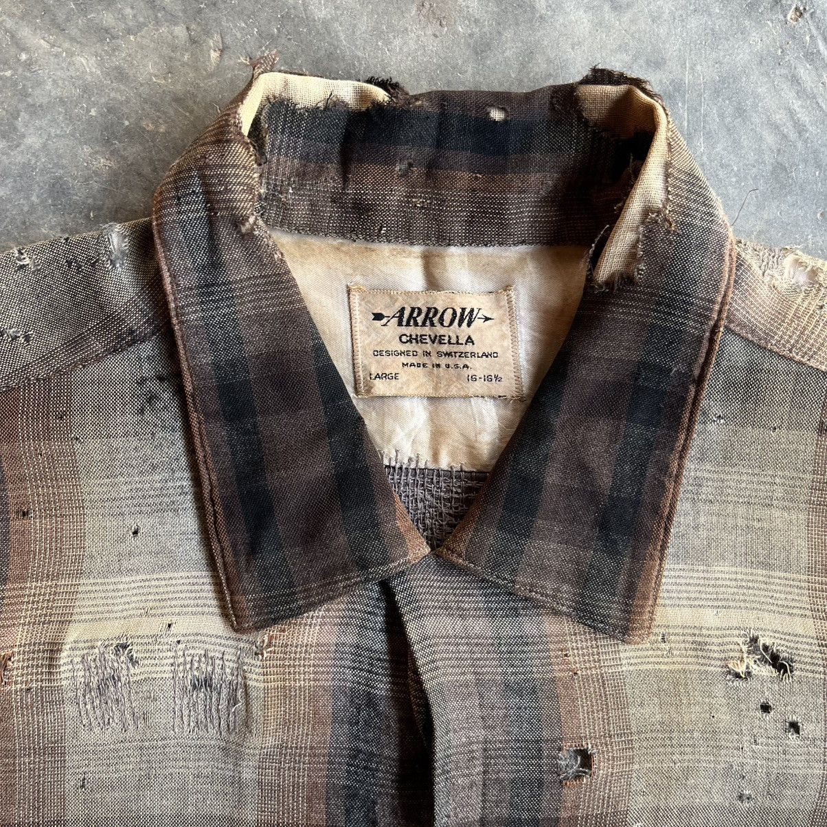 Vintage Thrashed 1950s - 1960s Arrow shadow stripe rayon shirt☠️ Size US L / EU 52-54 / 3 - 8 Thumbnail