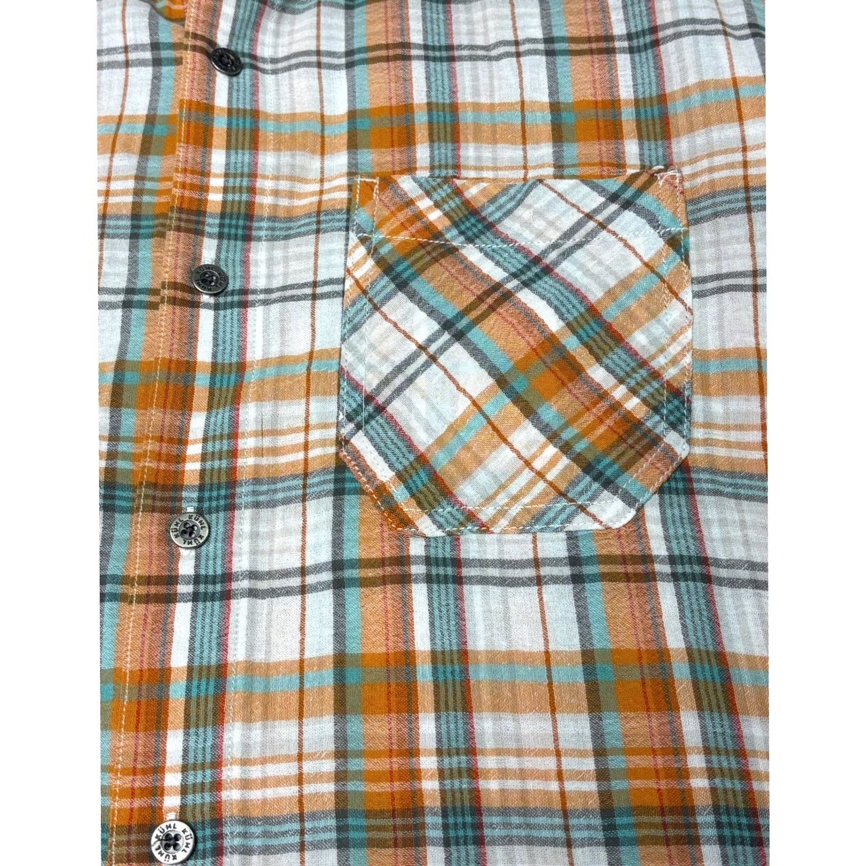 Altea Kuhl Mens Large Orange Teal Plaid Organic Cotton Short Sleeve Button Down Shirt Size US L / EU 52-54 / 3 - 2 Thumbnail