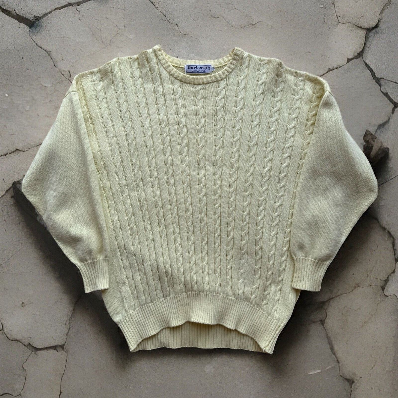 Burberrys Cable Knit Sweater Large Yellow Cotton Pullover