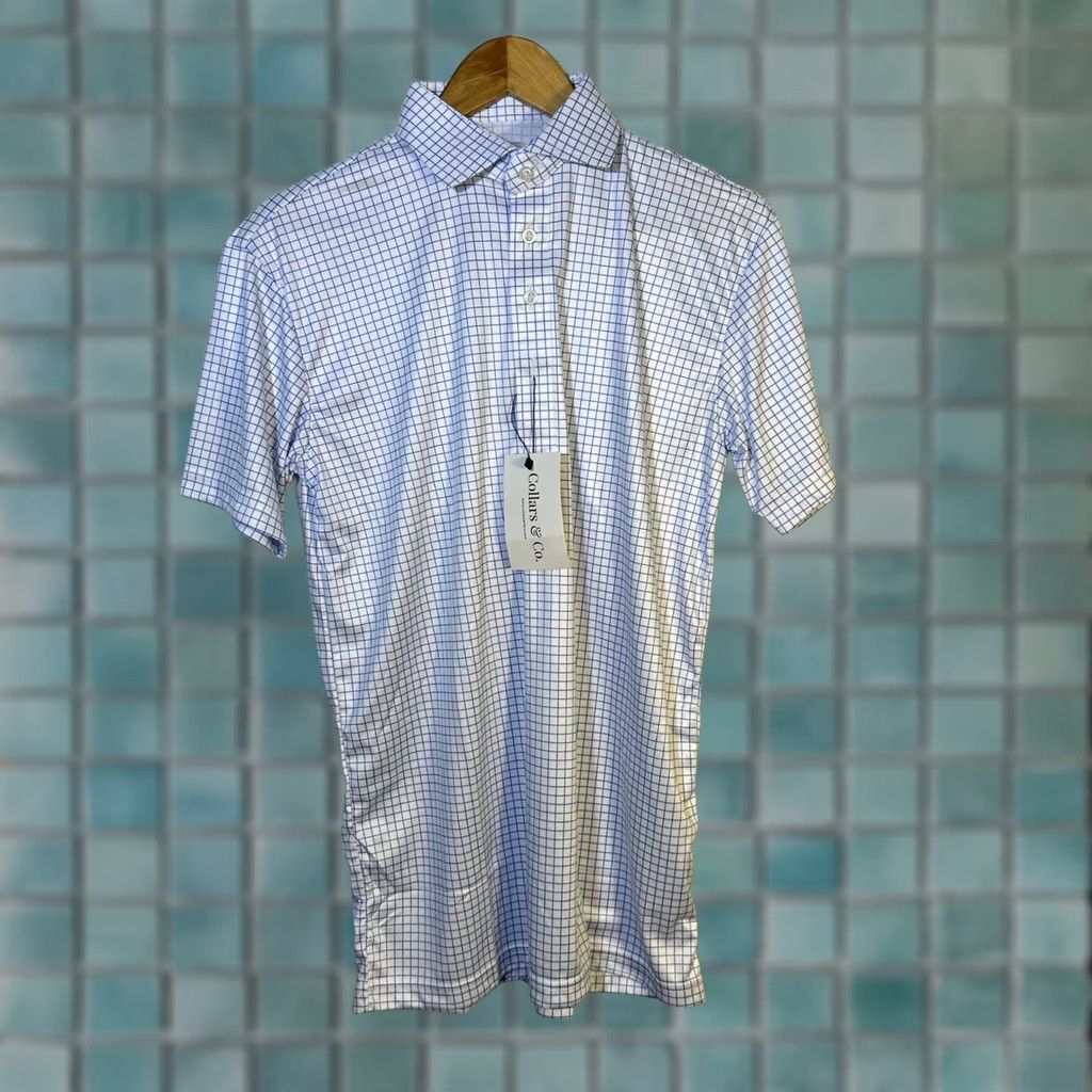 CO Collars & Co Mens Dress Collar Polo Shirt Blue White Windowpane Check Small NWT Size 36R - 1 Thumbnail