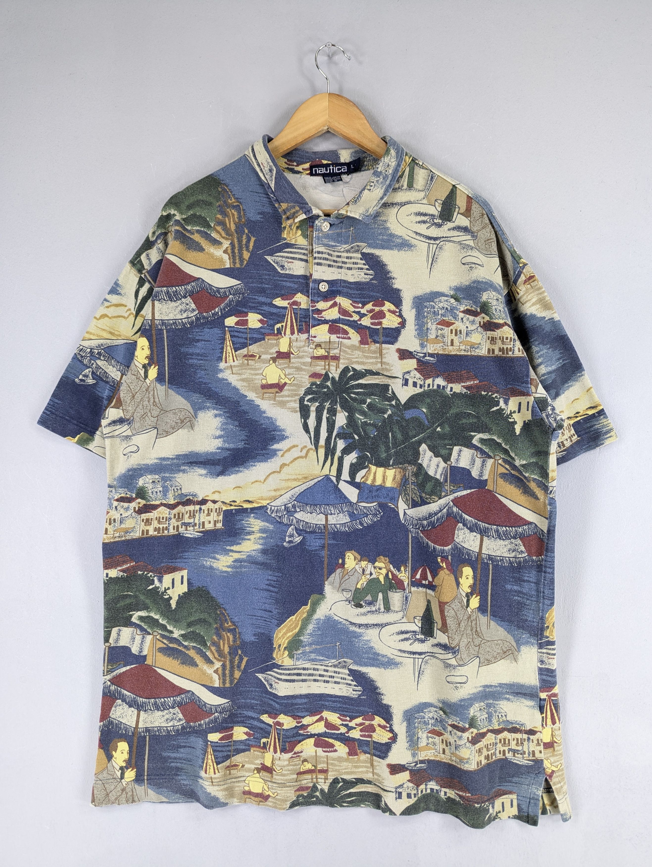 Vintage 90s Nautica Fullprint Ovp Beach Collar T-shirt