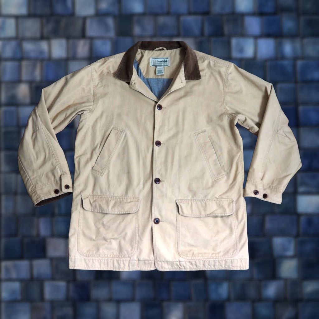 Vintage VINTAGE LL Bean Jacket Chore Canvas Beige Tan 90s Mens XLT Button Collar Pockets Mid-Length - 26" Pit to Pit, 35" Length Size US XL / EU 56 / 4 - 1 Thumbnail