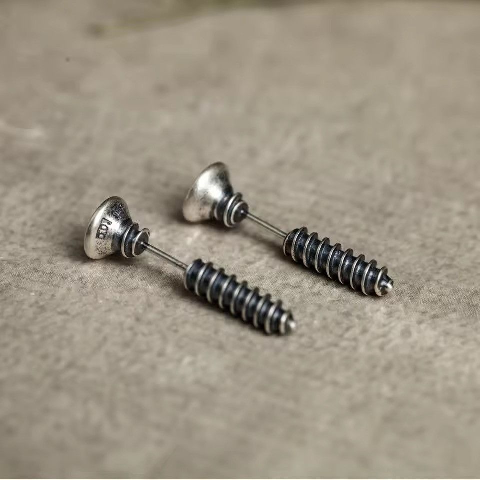 Sterling Silver 925 Sterling Silver Punk Hiphop Style Screw Stud Earrings Size ONE SIZE - 3 Thumbnail