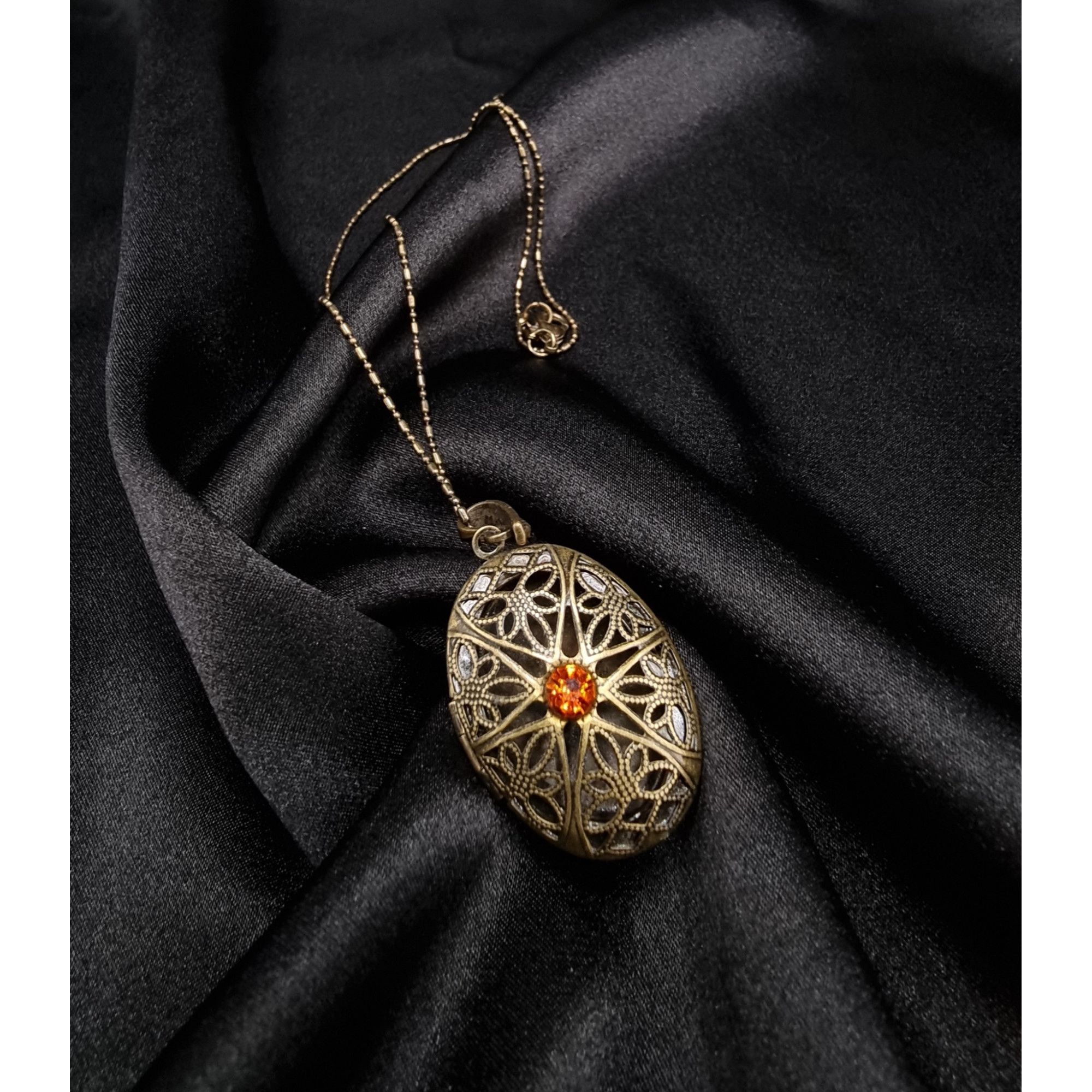 Vintage Vintage 1980's Oval Filigree Locket Necklace W/ Amber Crysta Size ONE SIZE - 2 Thumbnail