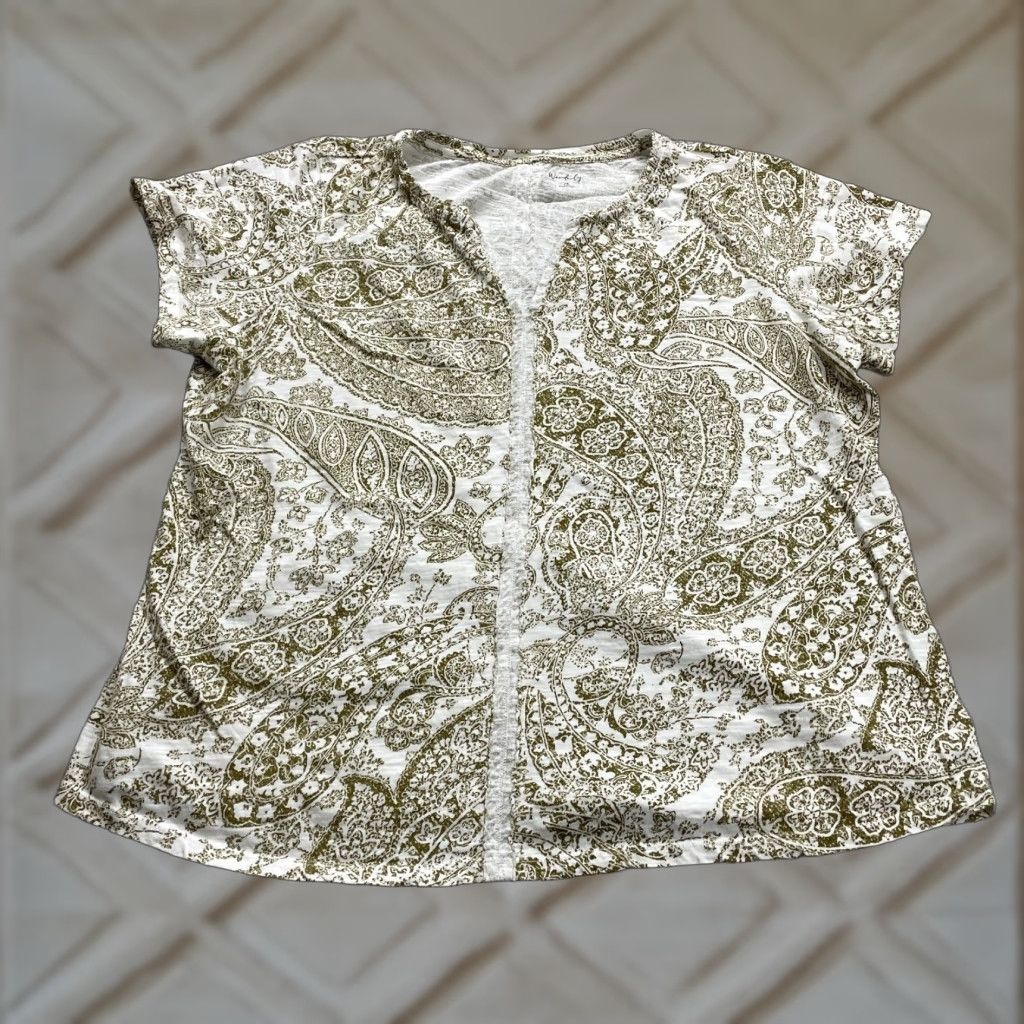 Vintage Wonderly Blouse Women 2XL Green Paisley Cotton Short Sleeve V-Neck Casual Size XXL / US 16-18 / IT 52-54 - 1 Thumbnail
