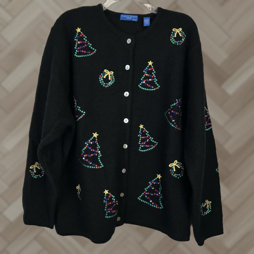 Karen Scott Christmas Cardigan Sweater Women 3X Black Raglan Sleeve Wool Beaded Embroidered Sequin Christmas Tree 80s Holiday Casual Womens