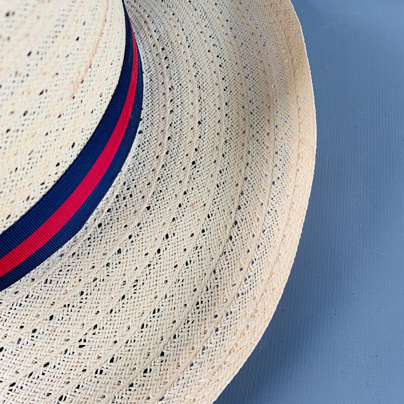 Vintage VINTAGE Size L Beige Navy Red Ribbon Trim Woven Straw Hat Size ONE SIZE - 6 Thumbnail