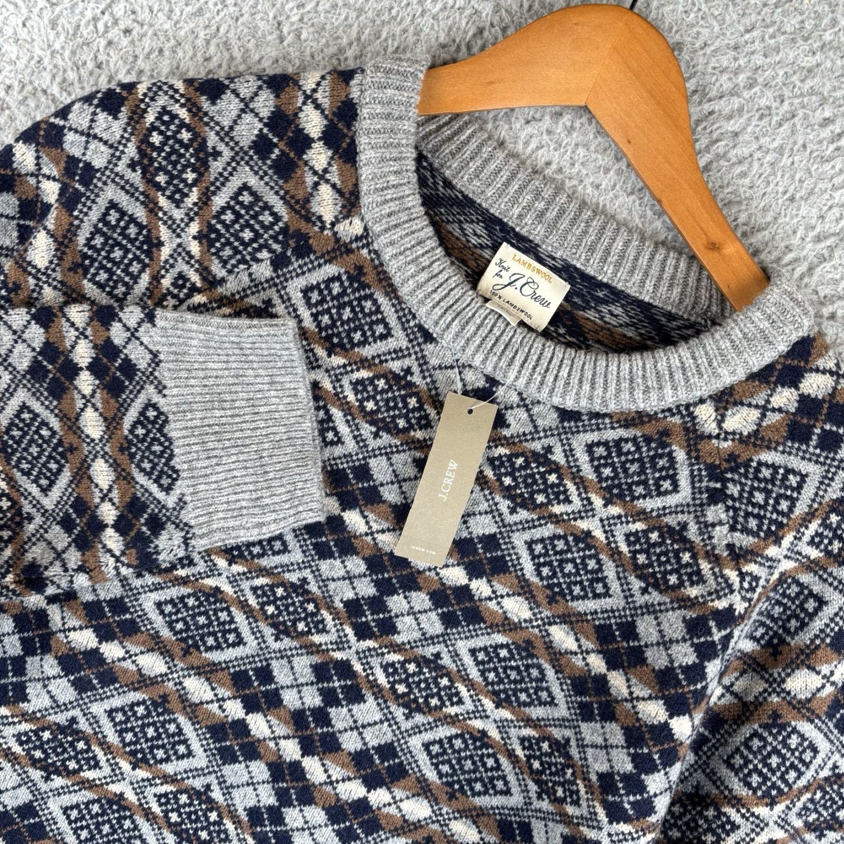 J.Crew J.Crew Sweater Mens Large 100% Lambswool Gray Navy Fair Isle Print New w/Tags Pullover Knit Crew Neck Size US L / EU 52-54 / 3 - 2 Thumbnail