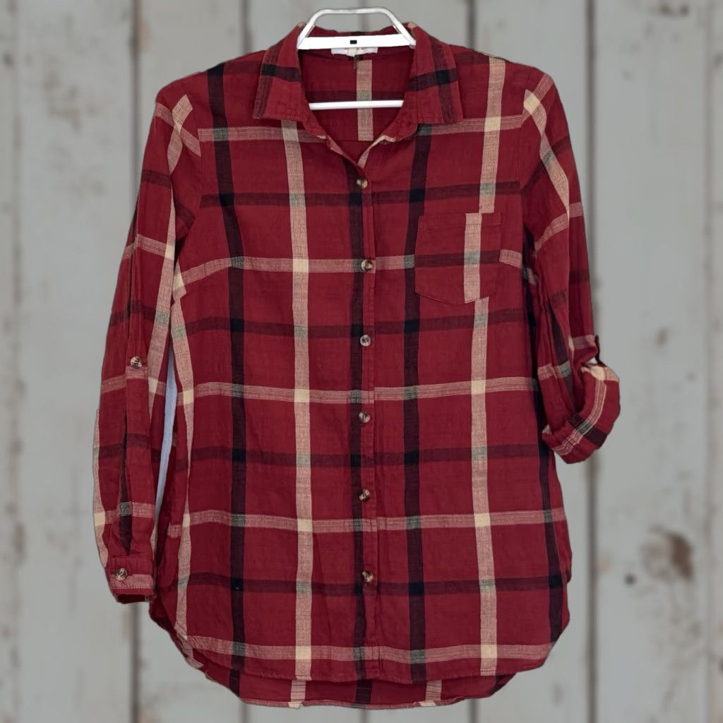 Vintage Orange Creek Button Front Top Womens L Plaid Long Roll Tab Sleeve Casual Shirt Size L / US 10 / IT 46 - 1 Thumbnail