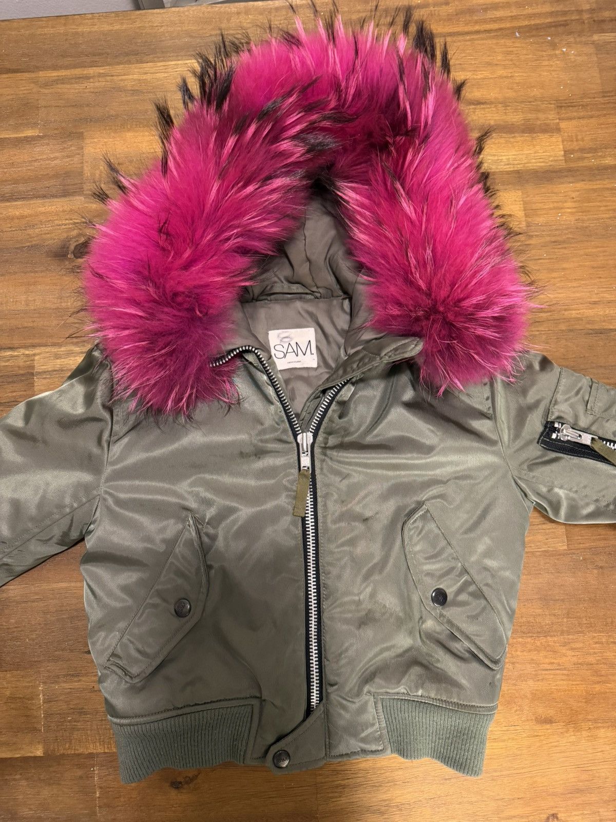 SAM. Sam Bomber Jacket Girls Size 8 Green Pink Fur Collar Size M / US 6-8 / IT 42-44 - 3 Thumbnail