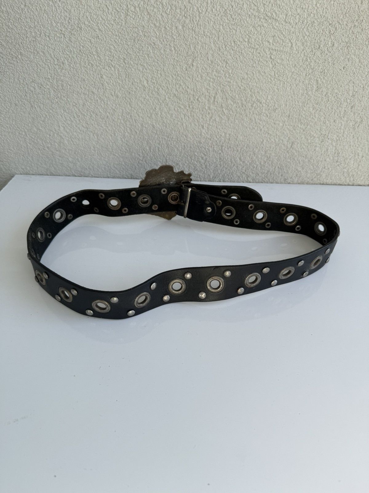 Vintage Vintage Biker Leather Belt Eagle Buckle Studded Black Size ONE SIZE - 7 Thumbnail