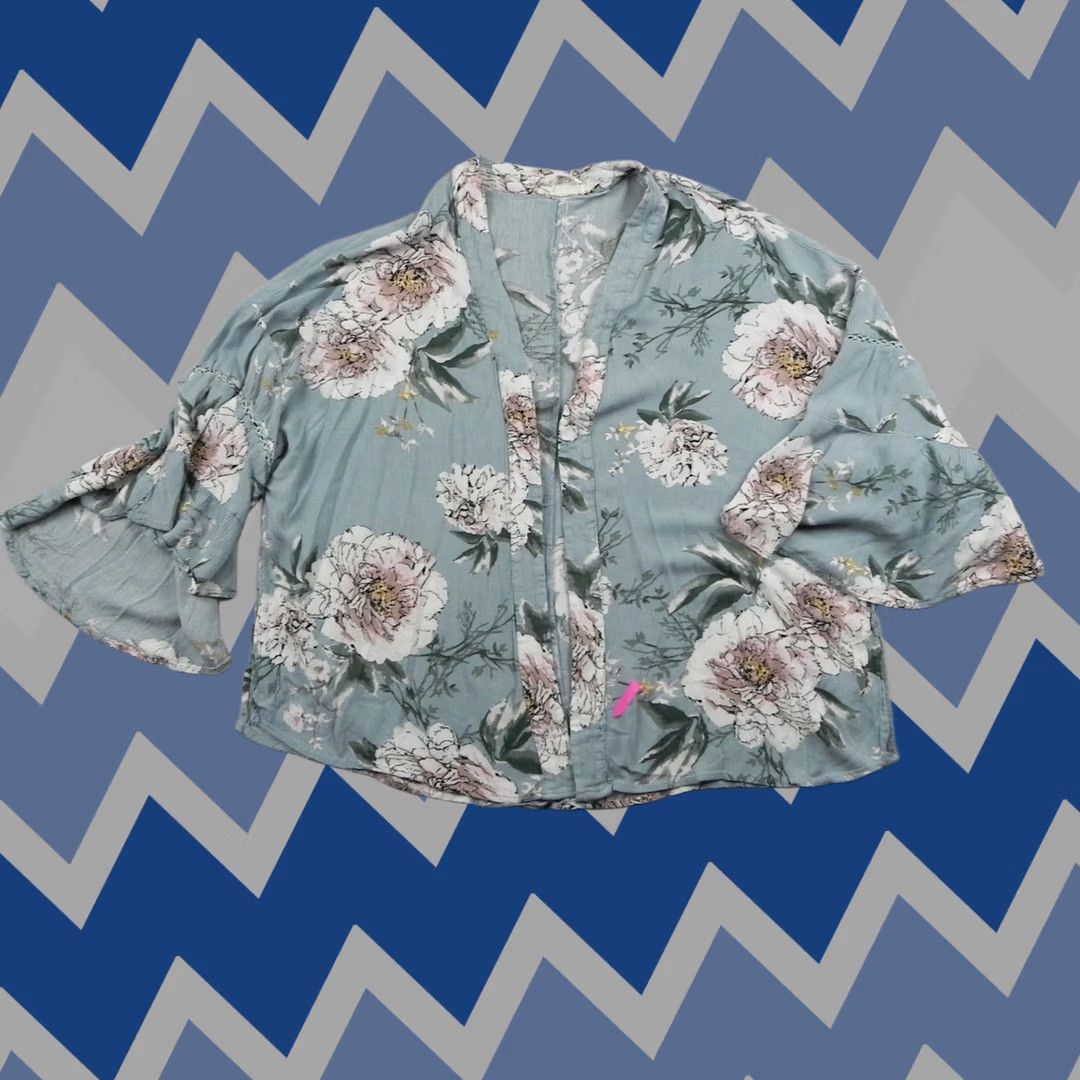 Vintage Loveriche Kimono Cardigan Womens 1X Boho Ruffle Sleeve Jacket Open Front Floral Blue Size XL / US 12-14 / IT 48-50 - 1 Thumbnail