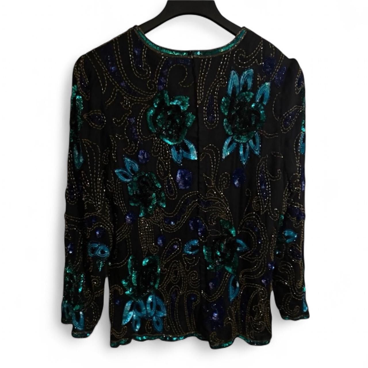 Other SCALA 80s Black Teal Silk Beads Sequins Floral Formal Blouse Size XL / US 12-14 / IT 48-50 - 5 Thumbnail