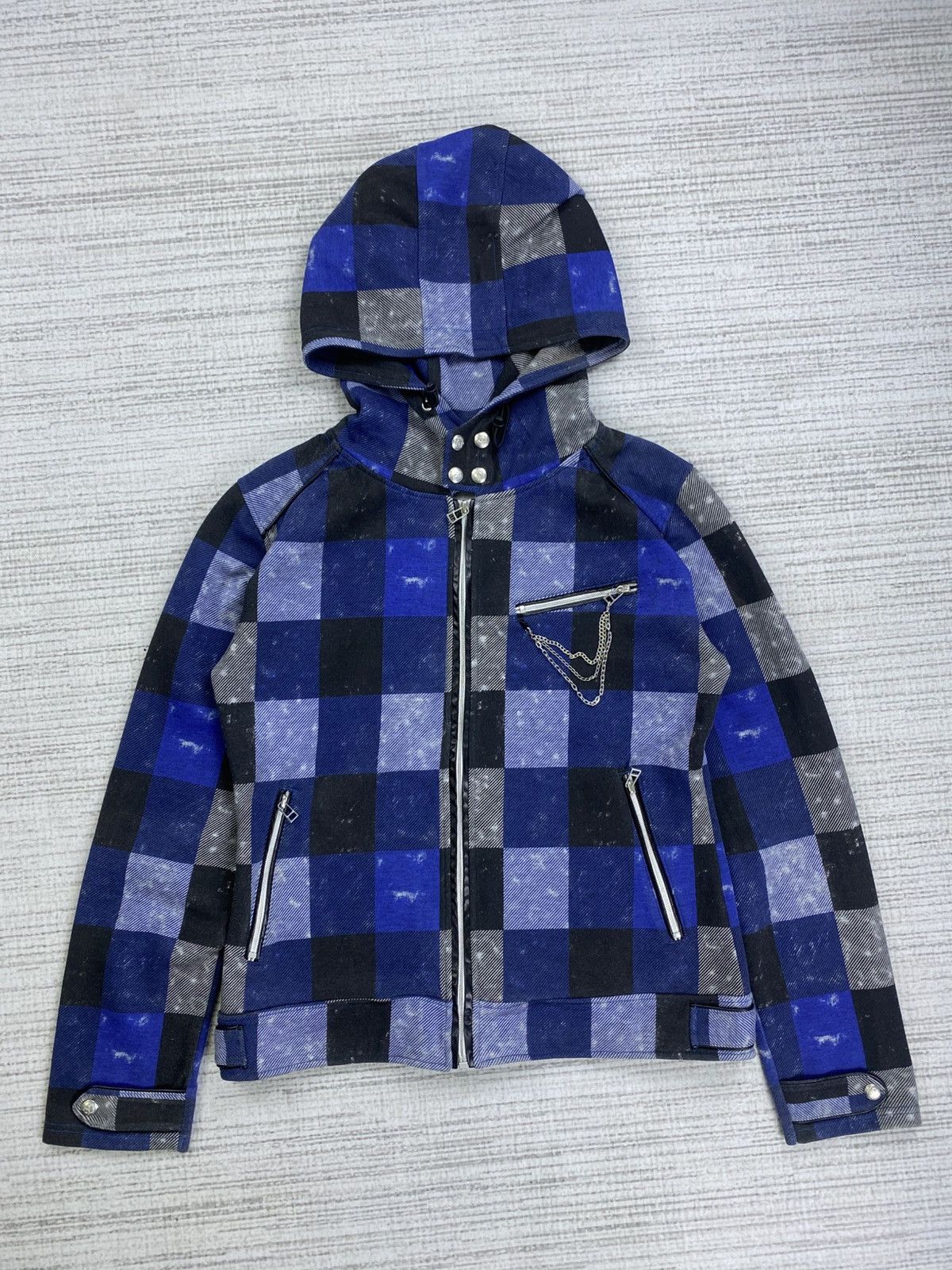 Vintage Beau Mere Blue Checked Punk Style Hoodie Zipper