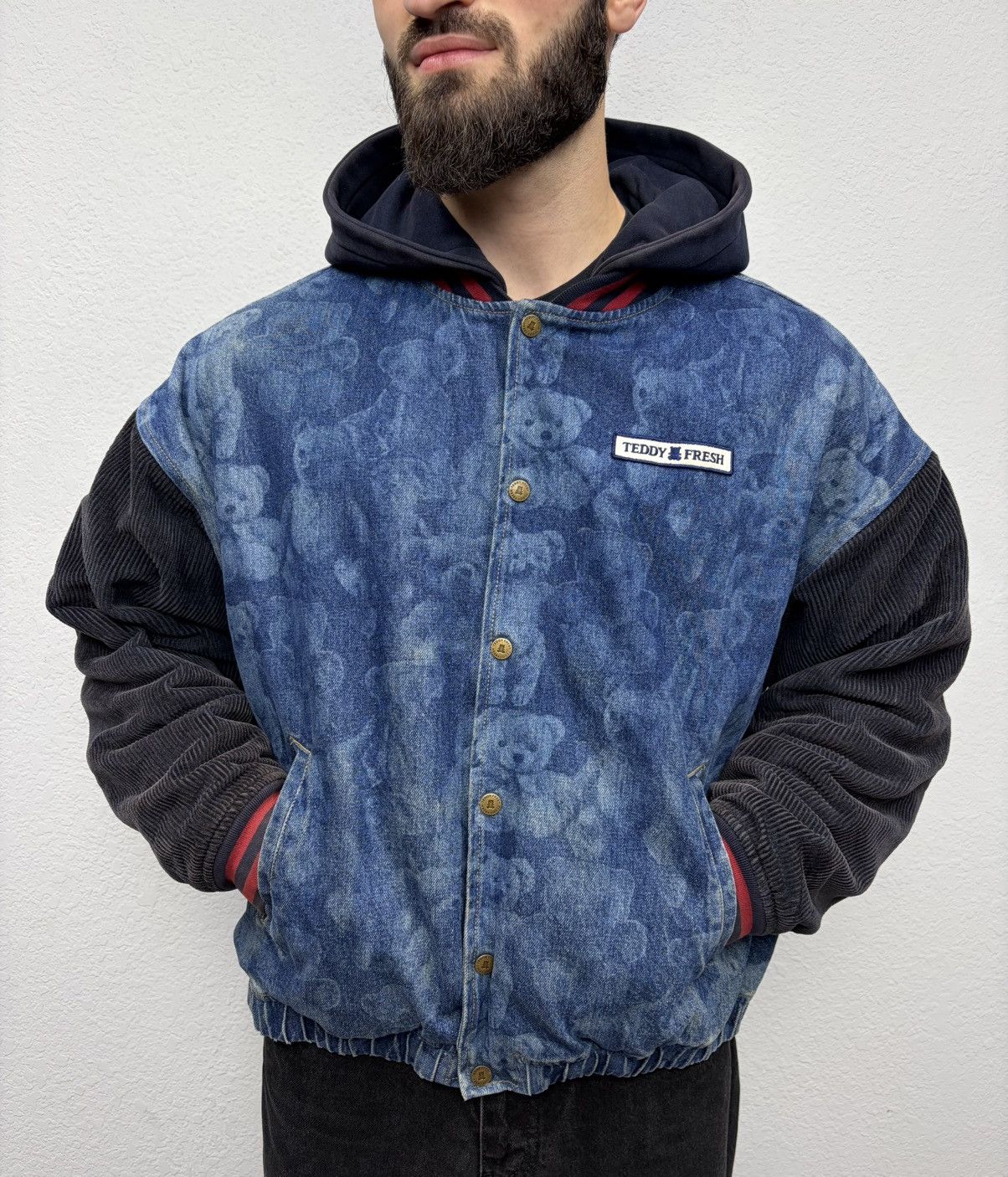 Teddy Fresh Teddy Fresh Denim Varsity Jacket Hybrid All-Over Bear Print Size US L / EU 52-54 / 3 - 2 Thumbnail