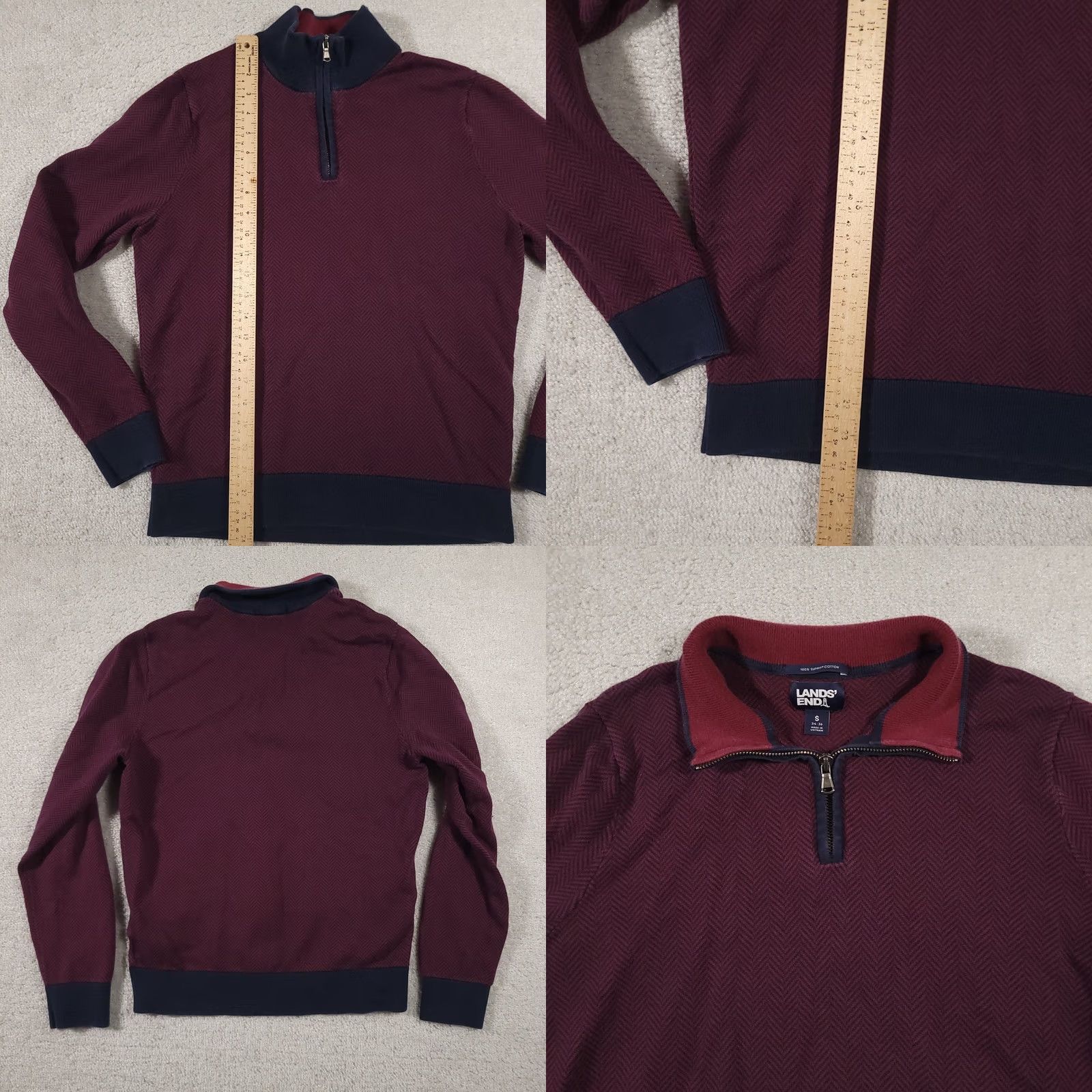 Lands' End Lands' End Supima Cotton Sweater 1/4 Zip Mock Neck Mens S Burgundy Herringbone Size US S / EU 44-46 / 1 - 8 Thumbnail