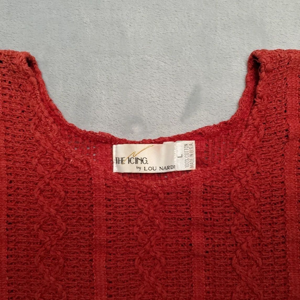 Vintage VTG Lou Nardi The Icing Top Knit Crocheted Womens L Red 100% Cotton 90s Y2K Crew Neck Long Sleeve Vintage Womens Pullover Casual Shirt Size L / US 10 / IT 46 - 3 Thumbnail