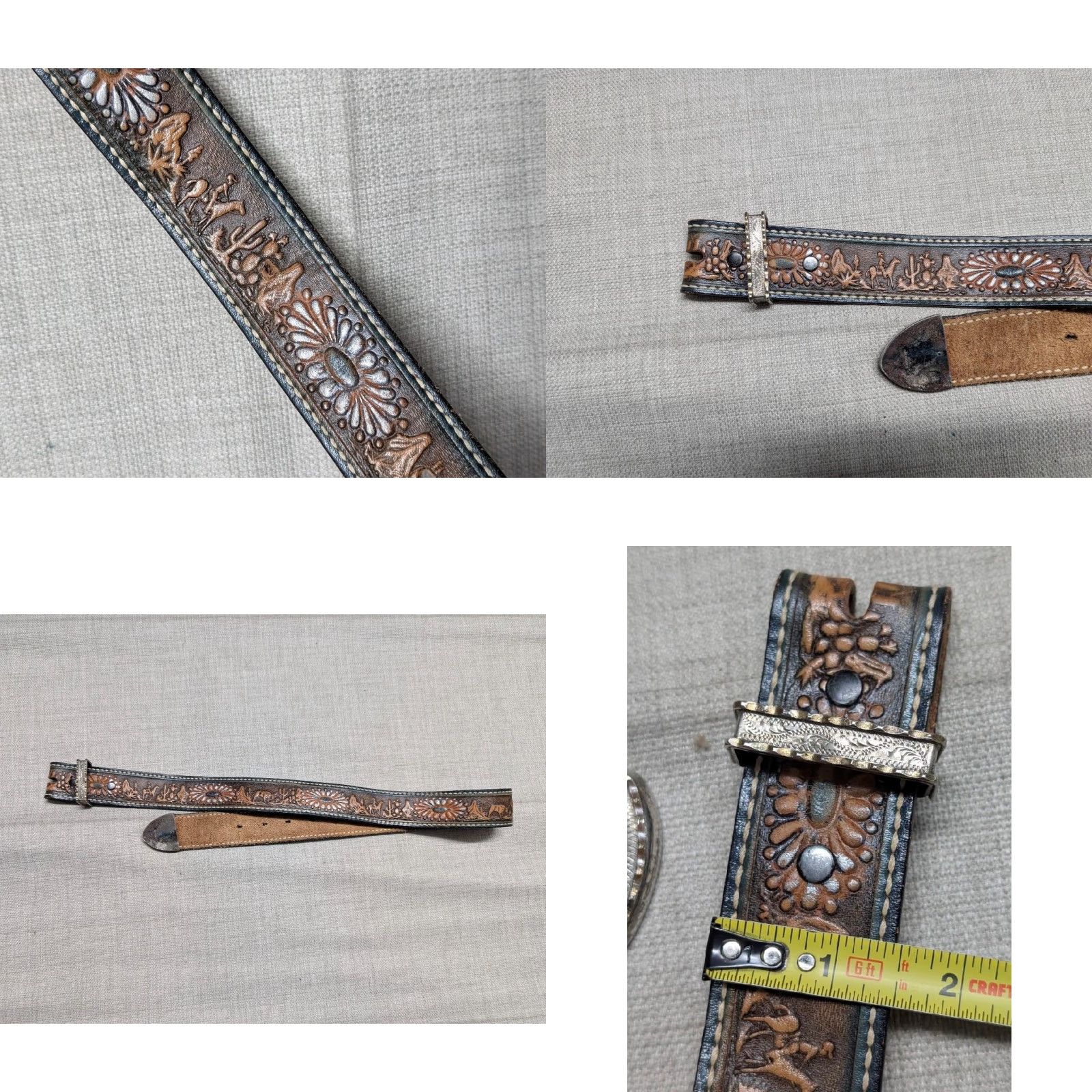Vintage VINTAGE western belt tooled buckle Textan brown 28 leather cowhide German Silver alpaca tip holder unisex adults Mens Size 28 - 8 Thumbnail