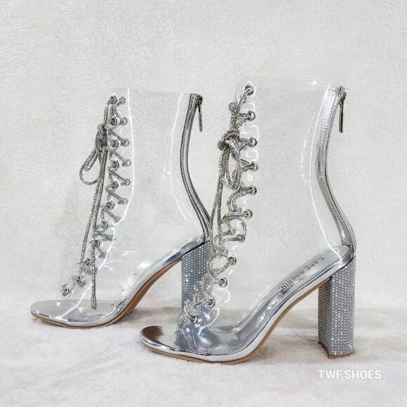 Other See Me Silver Rhinestone Laces Heels Clear Upper Open Toe An Size US 10 / IT 40 - 2 Thumbnail