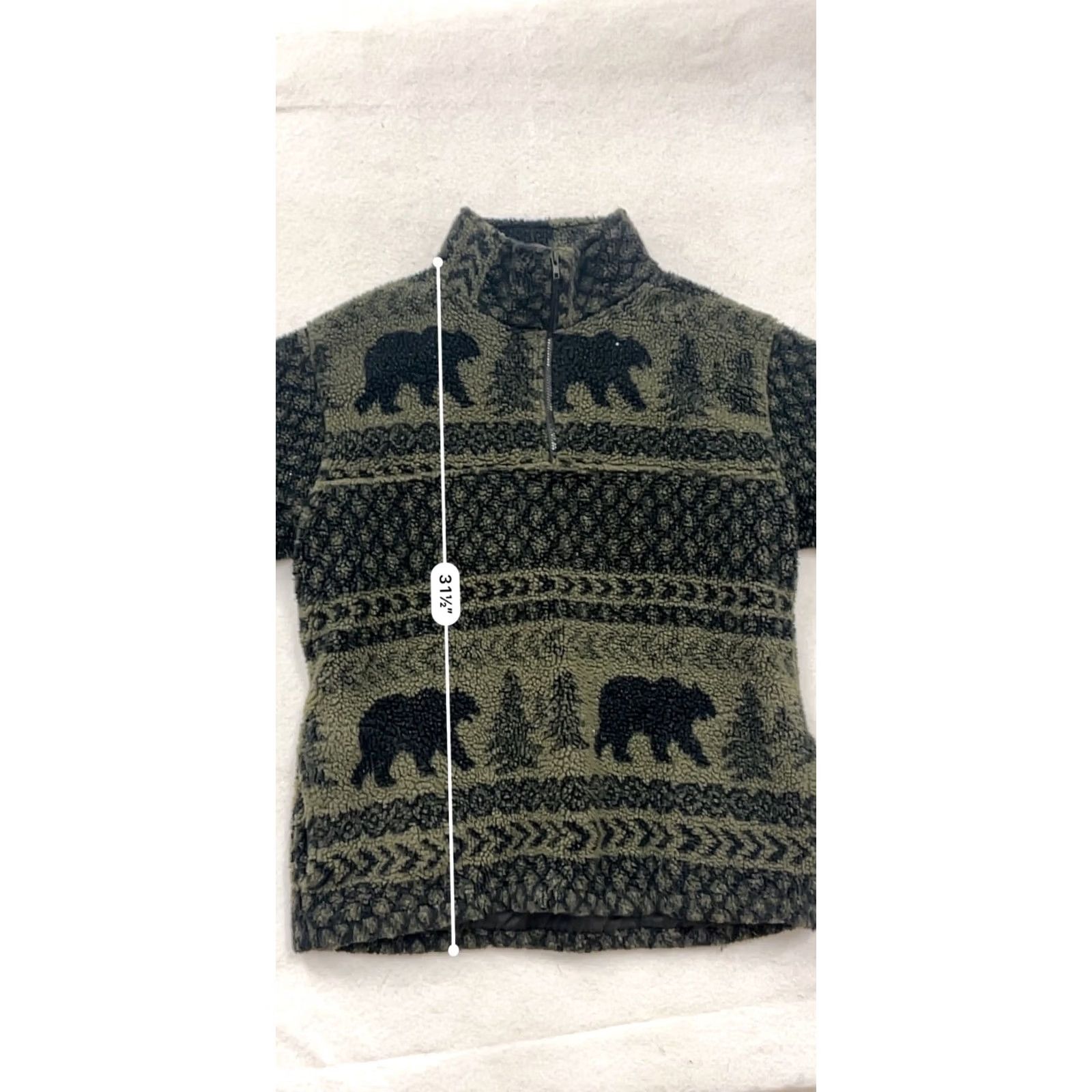 Vintage Womens XL Pullover Shirt, Forest-Themed Sherpa Quarter-Zip, Green, Fleece, Bear/Tree Pattern, Casual Winter Wear Size XL / US 12-14 / IT 48-50 - 6 Thumbnail