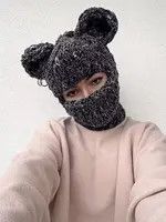 Japanese Brand Bear ski mask . Knitted balaclava with ears . Hat winter Size ONE SIZE - 2 Thumbnail