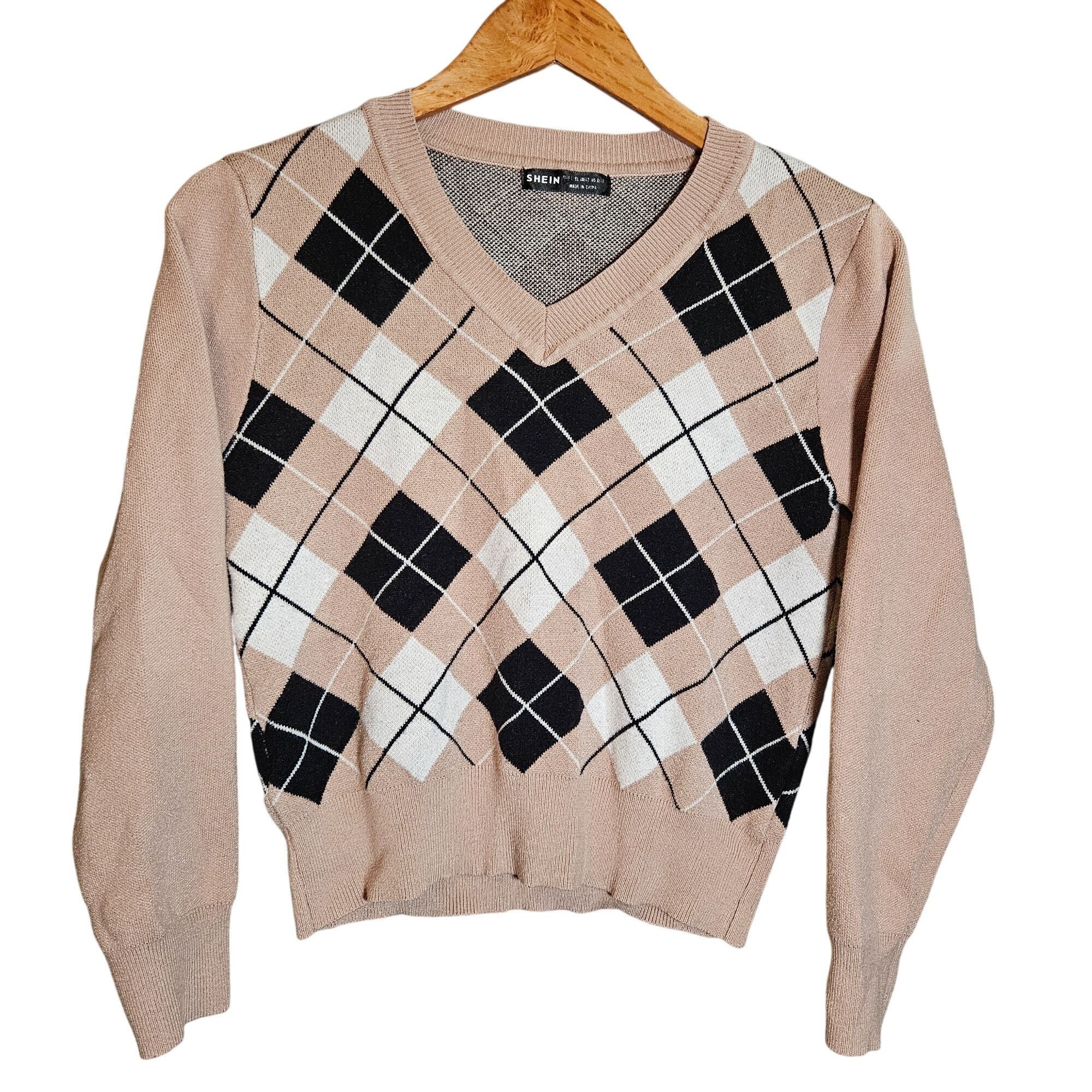Shein Argyle V-Neck Sweater SHEIN Womens Beige & Black Knitted 8 L Size M / US 6-8 / IT 42-44 - 2 Thumbnail