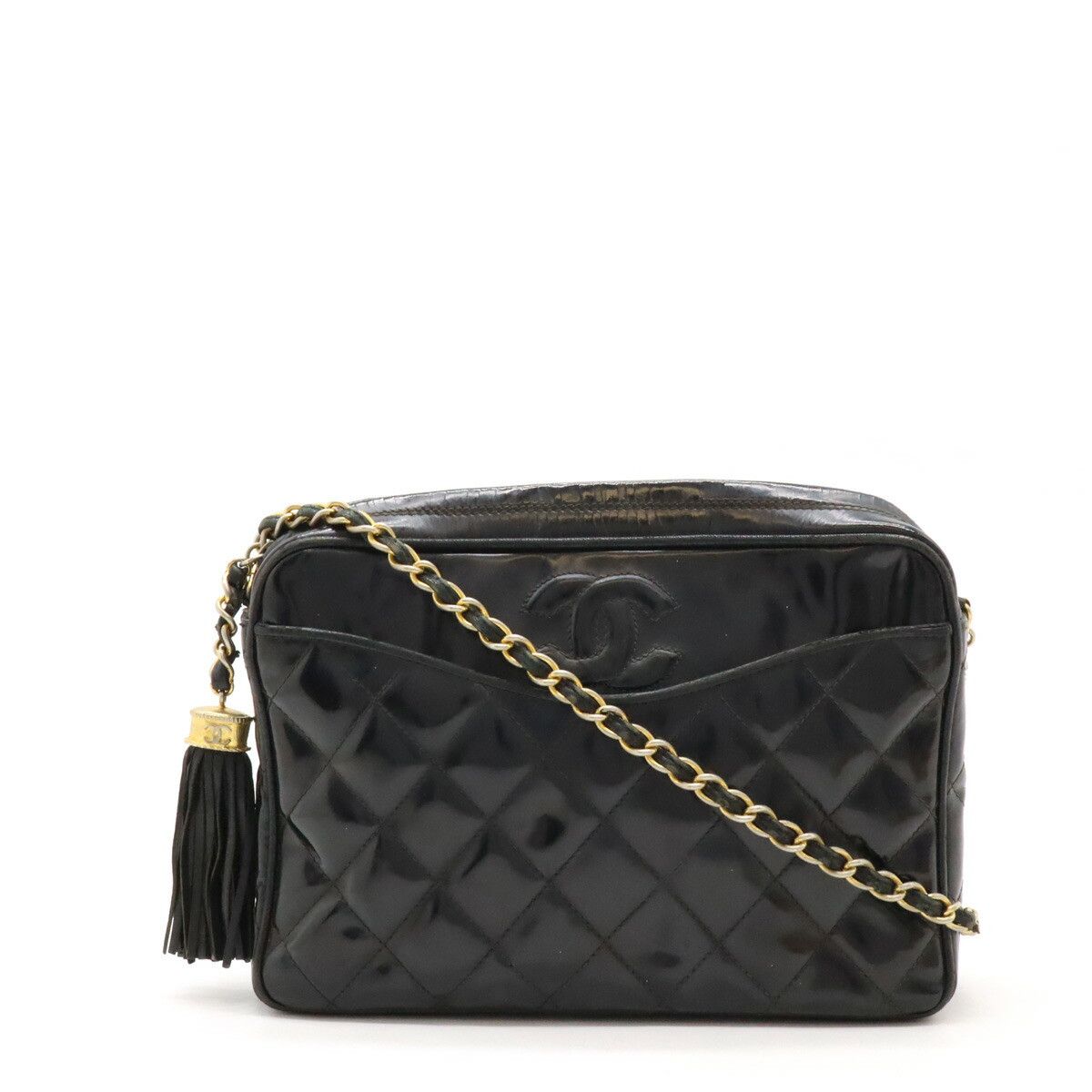 Chanel Chanel Patent Leather Matelassé Coco Mark Chain Shoulder Bag Enamel Shoulder Bag in Black, Women's