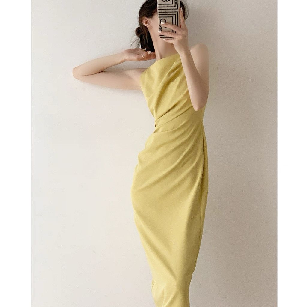 Zara Elegant Yellow Draped Boat Neckline Midi Dress Size S / US 4 / IT 40 - 1 Thumbnail