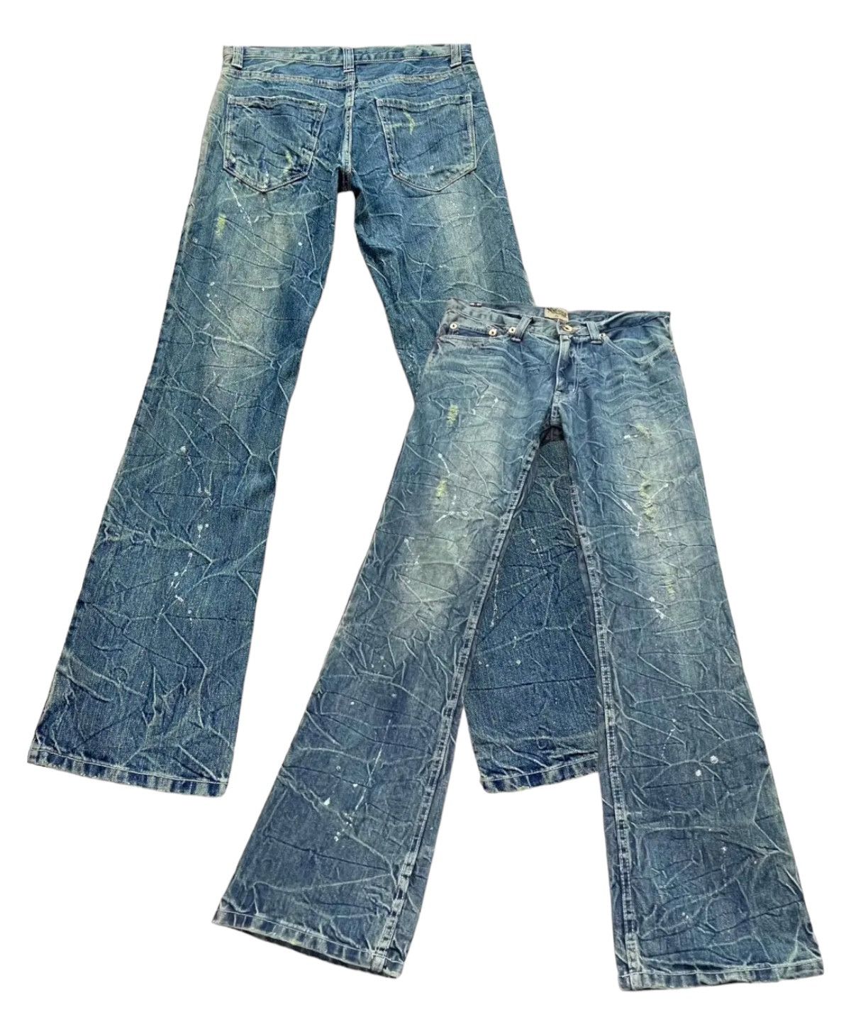 Japanese Brand NYLAUS Punk Whiskered Distressed Glitter Splash FLARE Denim Size US 30 / EU 46 - 1 Thumbnail