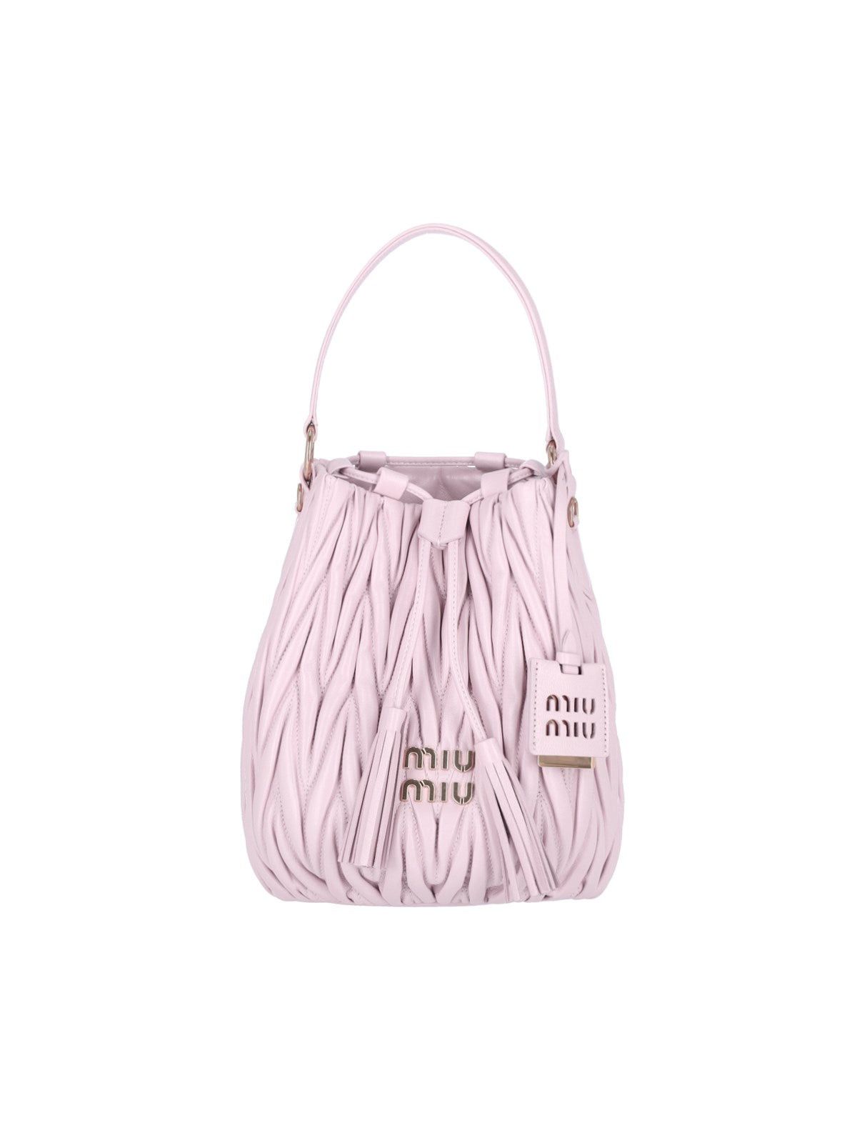 image of Miu Miu Miumiu Logo Matelassé Leather Bucket in Pink, Women's