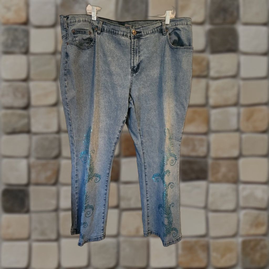 Vintage VINTAGE DG2 Diane Gilman Blue Embellished Shiny Bootcut Jeans 22W Petite Women Jeans Boots Size 40" / US 18 - 1 Thumbnail