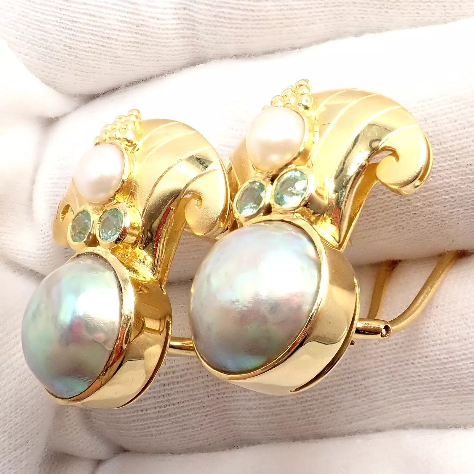 Vintage Paula Crevoshay Gold Abalone Pearl Blue Gemstone Earrings Size ONE SIZE - 7 Thumbnail