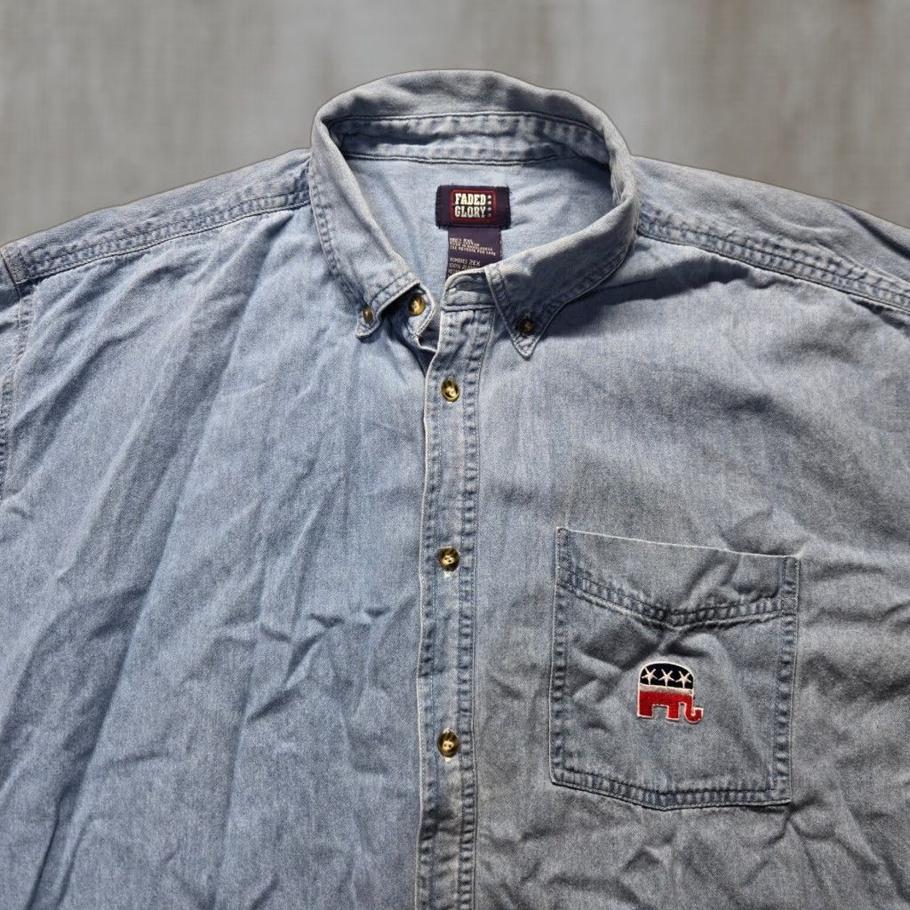 Faded Glory Faded Glory Denim Shirt Button-Up 2XL Men's Embroidered Republican Elephant Blue Denim Shirt 2XL Mens Size US XXL / EU 58 / 5 - 1 Thumbnail